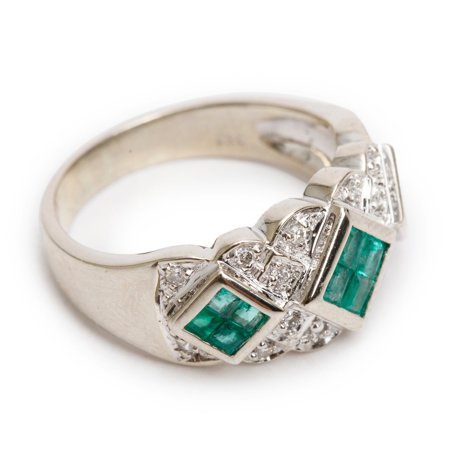 14k White Gold Emerald & Diamond Ring, Size 7.25
