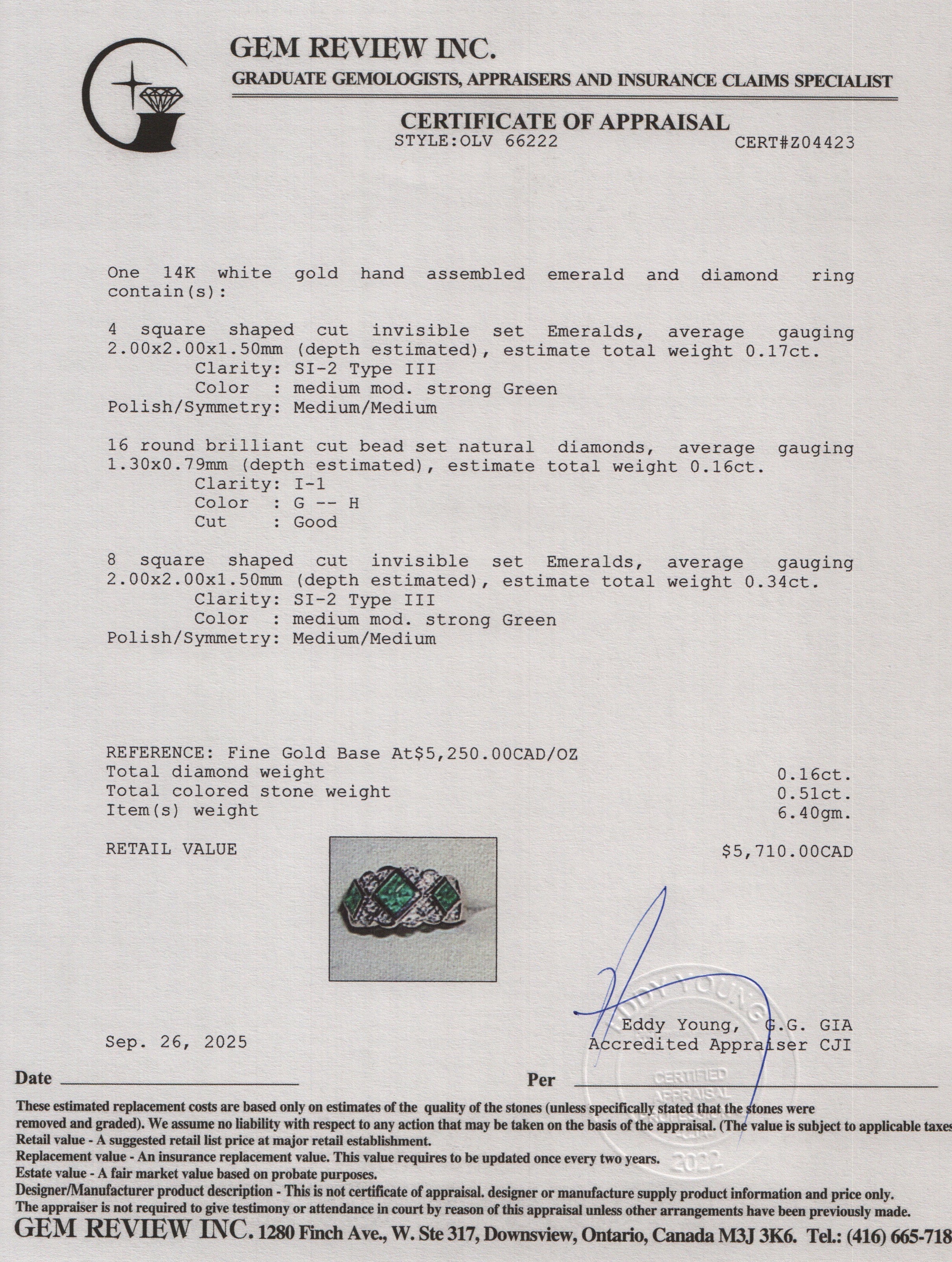 14k White Gold Emerald & Diamond Ring, Size 7.25