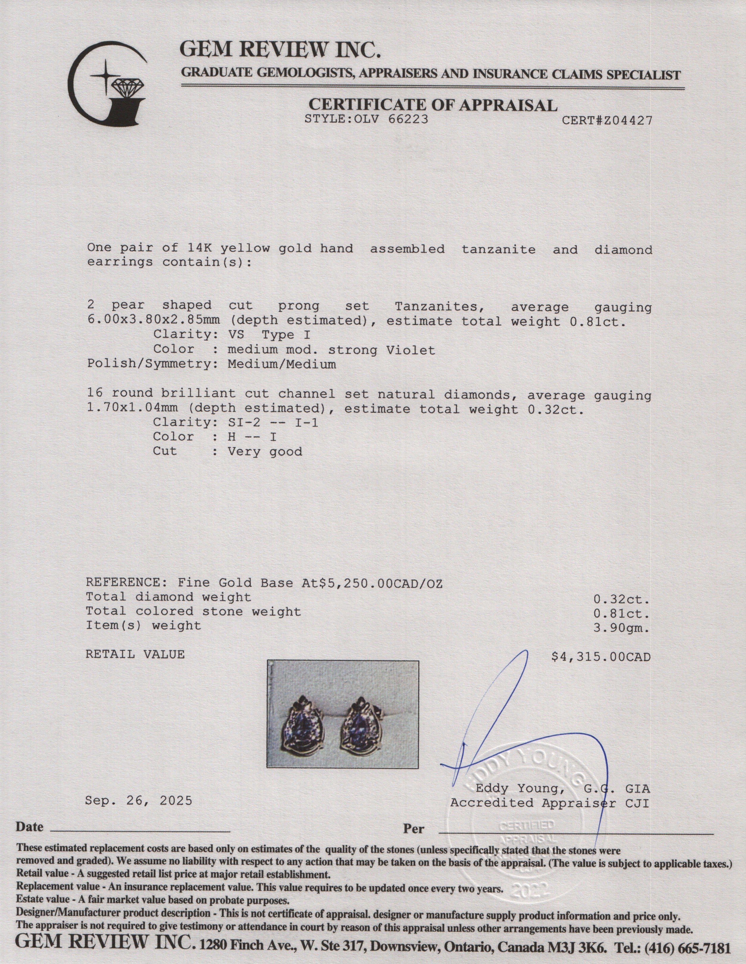 14k Yellow Gold Tanzanite & Diamond Stud Earrings