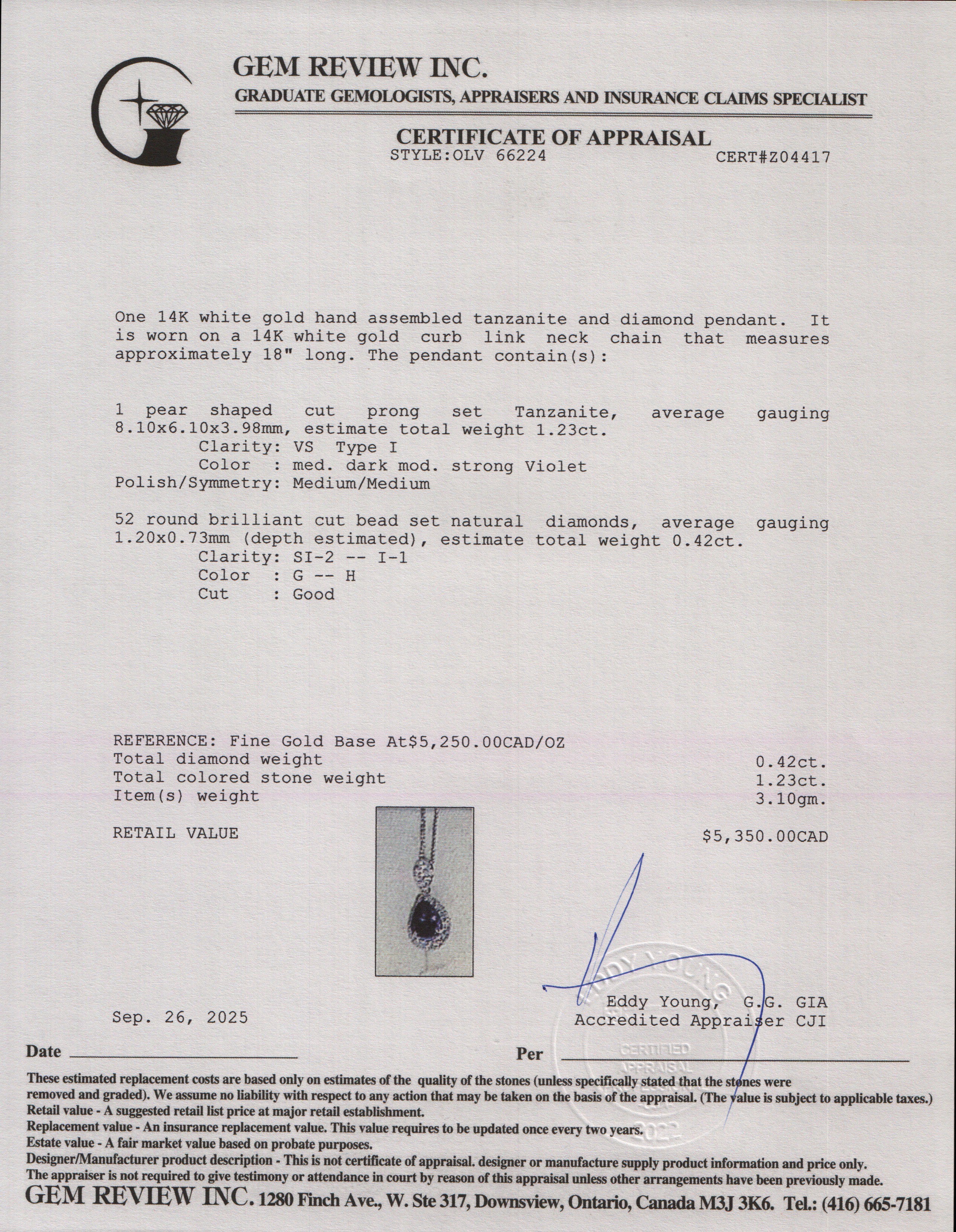 14k White Gold Tanzanite & Diamond Pendant Necklace