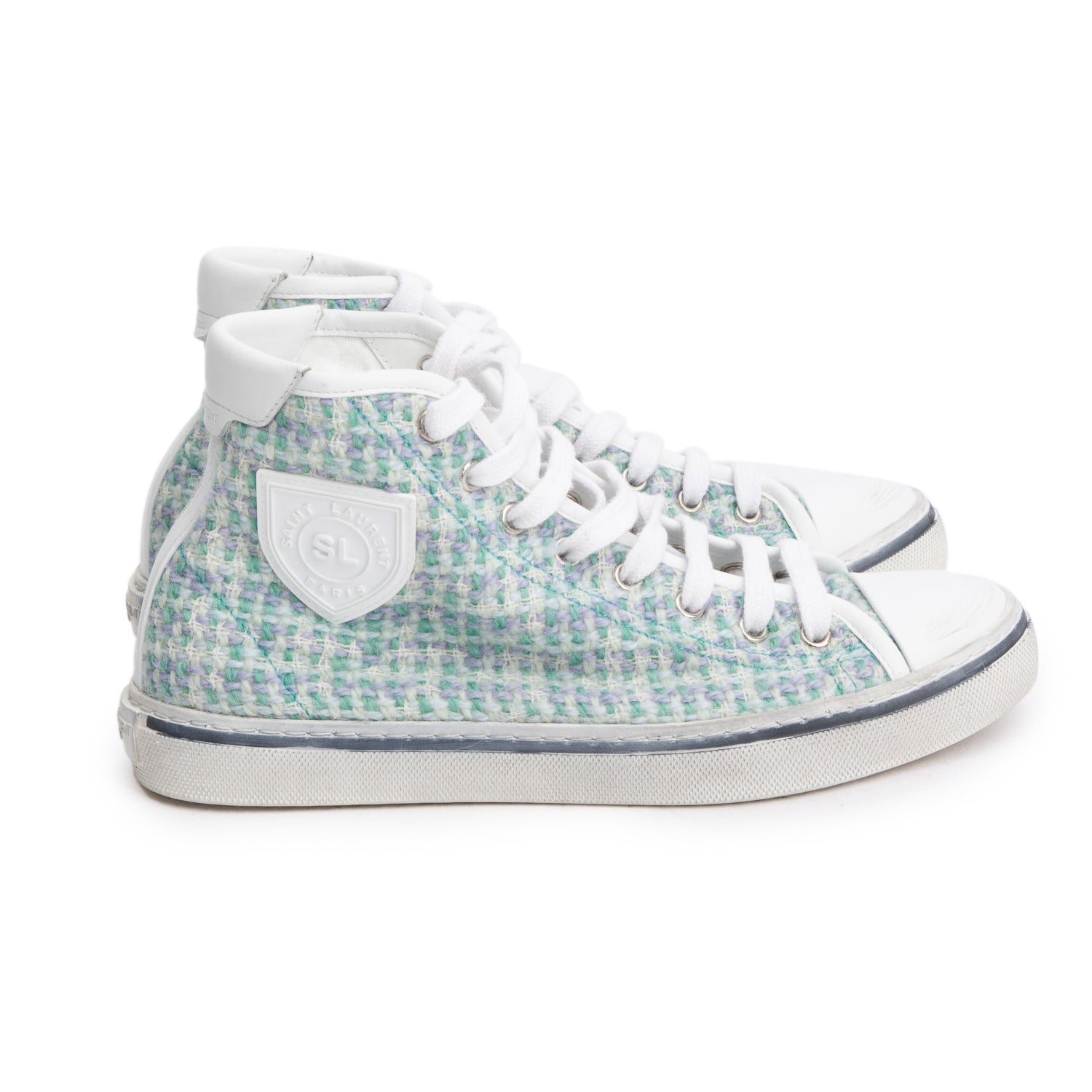 Saint Laurent Multicolor Tweed Malibu Mid Top Sneakers, Size 38 w/ Box