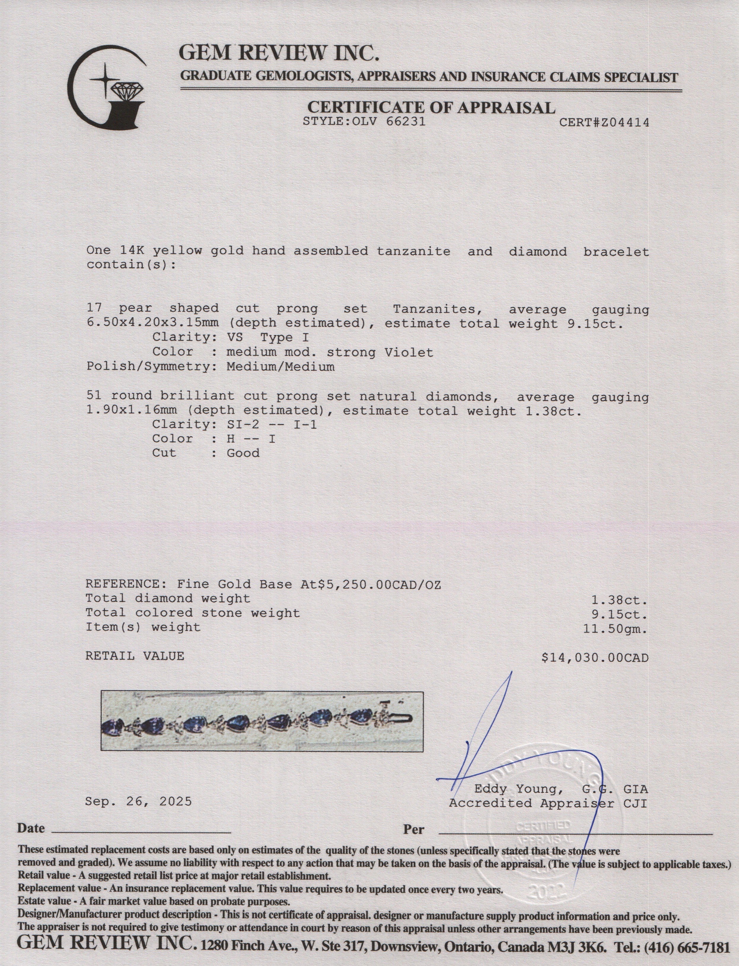 14k Yellow Gold Tanzanite & Diamond Link Bracelet