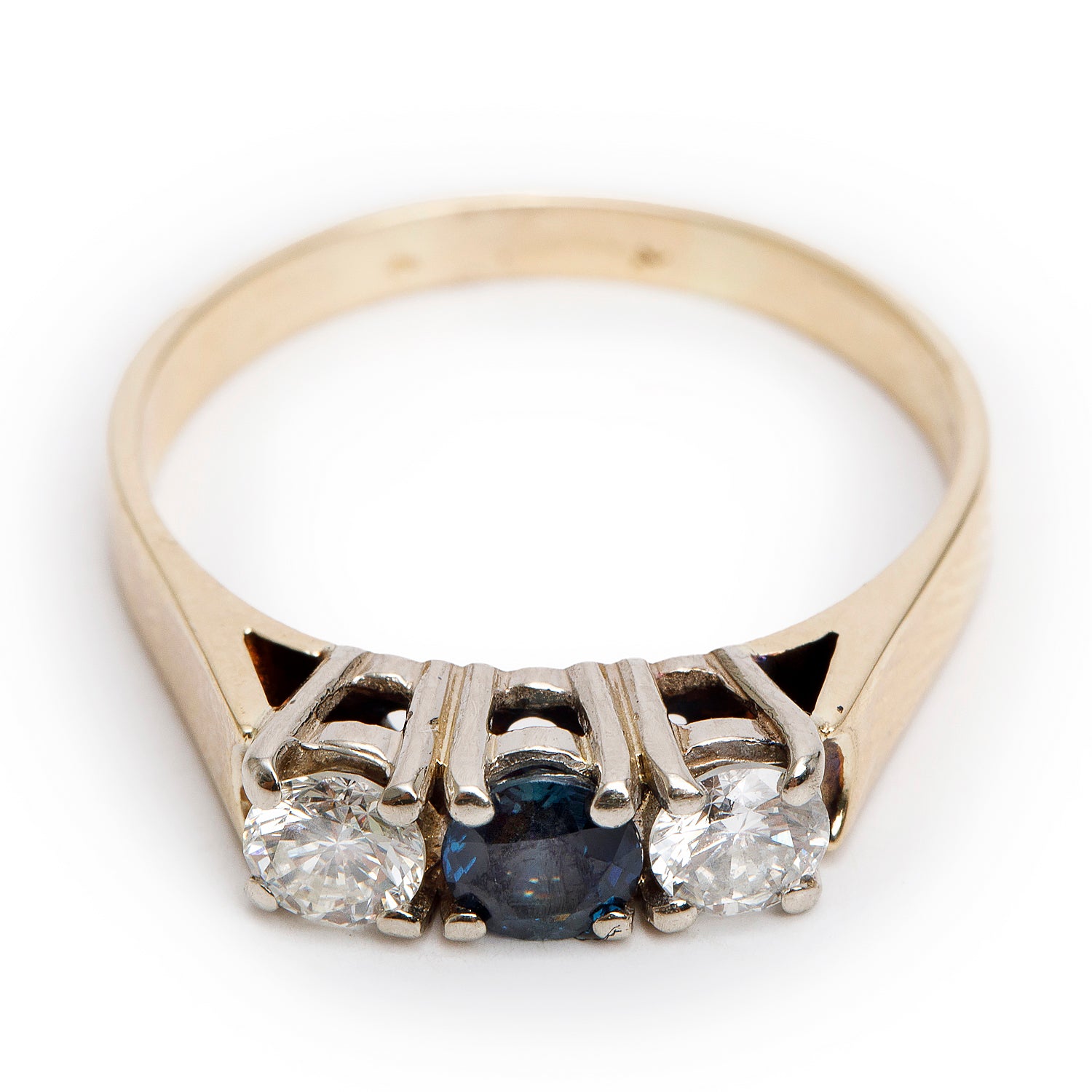 14k Yellow & White Gold Sapphire and Diamond Three-Stone Ring, Size 8.5