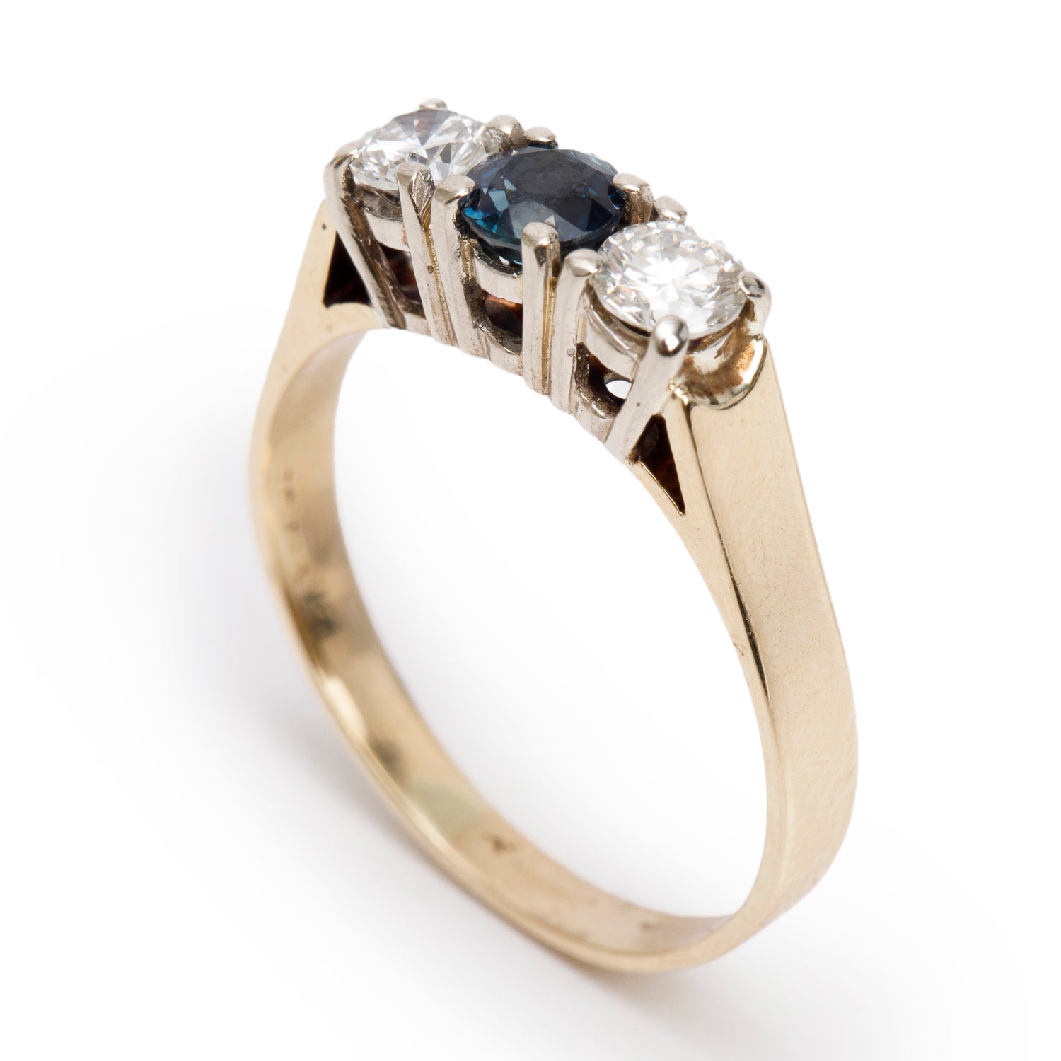 14k Yellow & White Gold Sapphire and Diamond Three-Stone Ring, Size 8.5