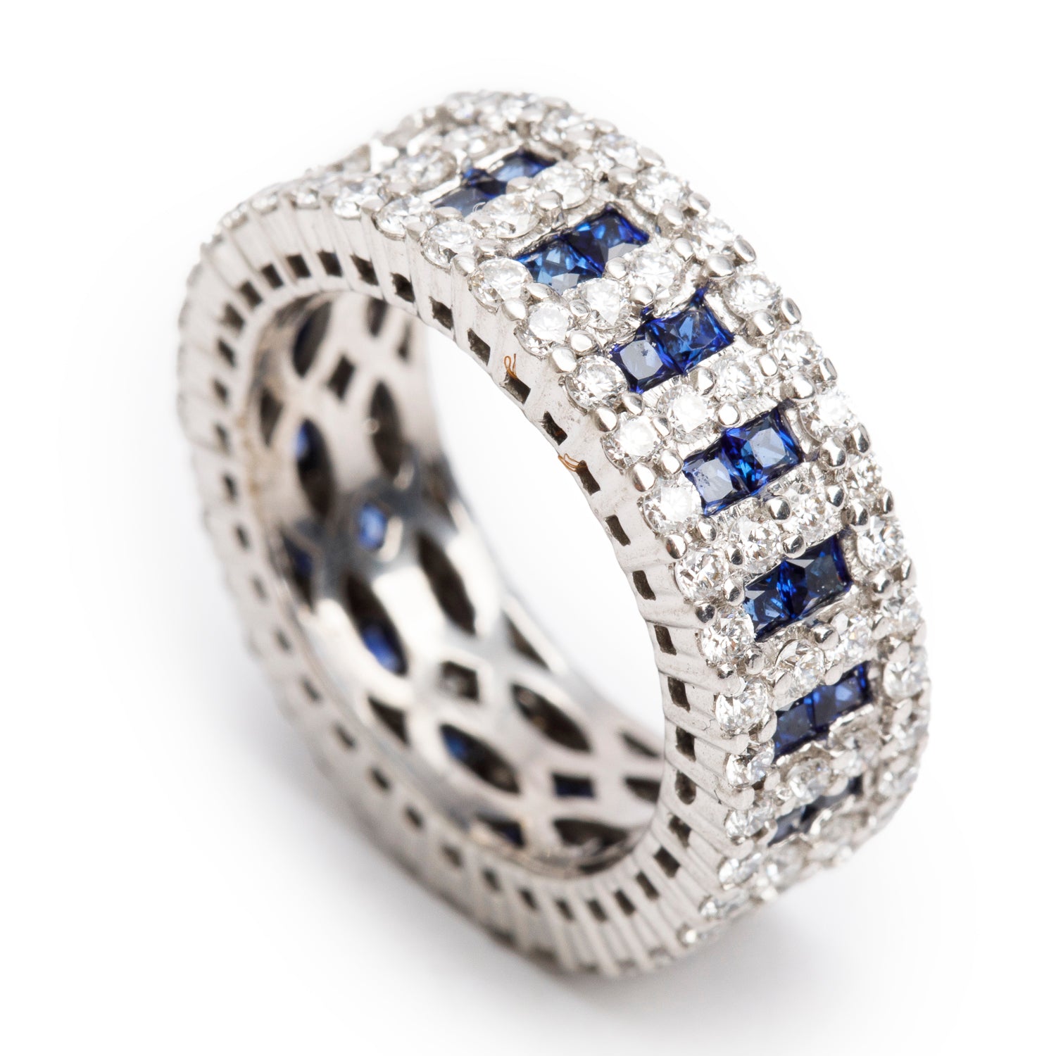 18k White Gold Sapphire and Diamond Band Ring, Size 5.25