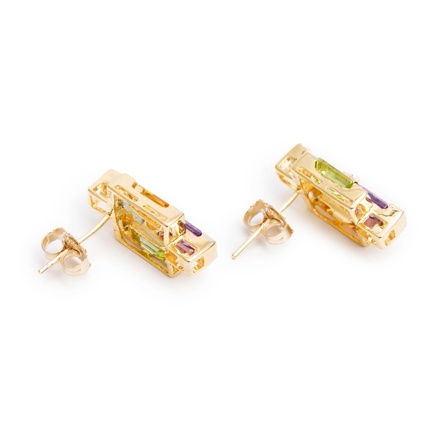 14k Yellow Gold Multicolored Stones and Diamond Earrings