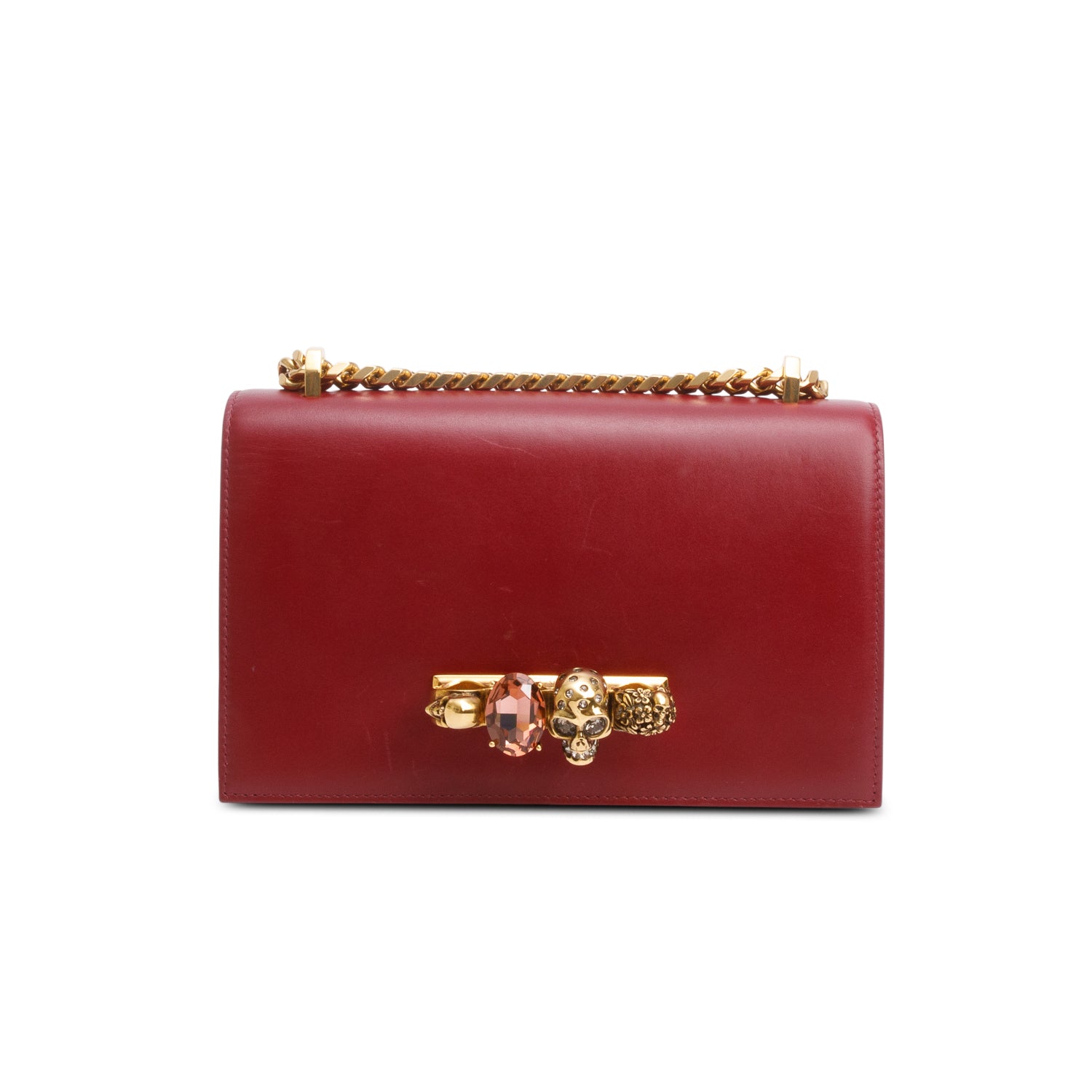 Alexander McQueen Red Calfskin Leather Crystal Smalll Jewelled Knuckle Shoulder Bag