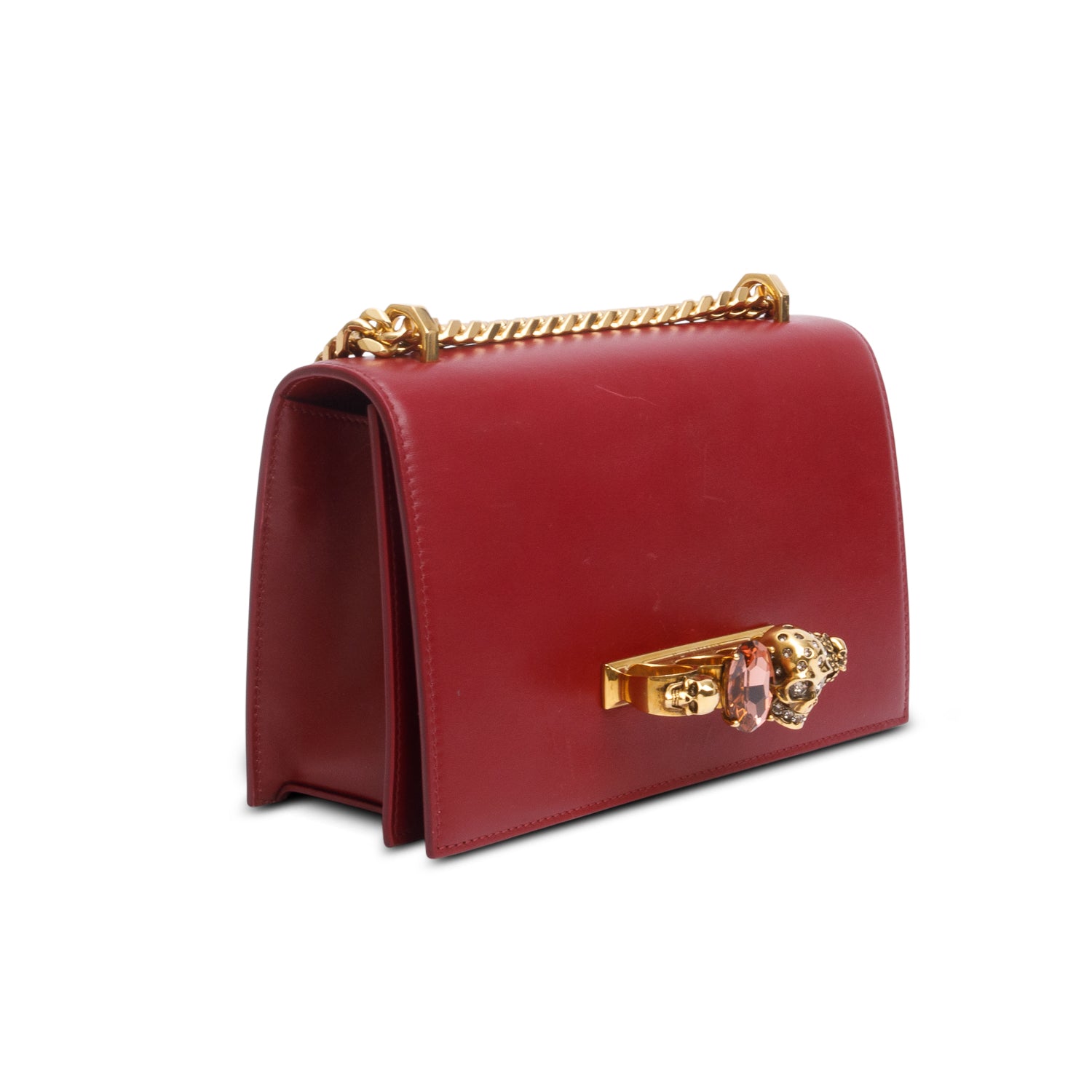 Alexander McQueen Red Calfskin Leather Crystal Smalll Jewelled Knuckle Shoulder Bag