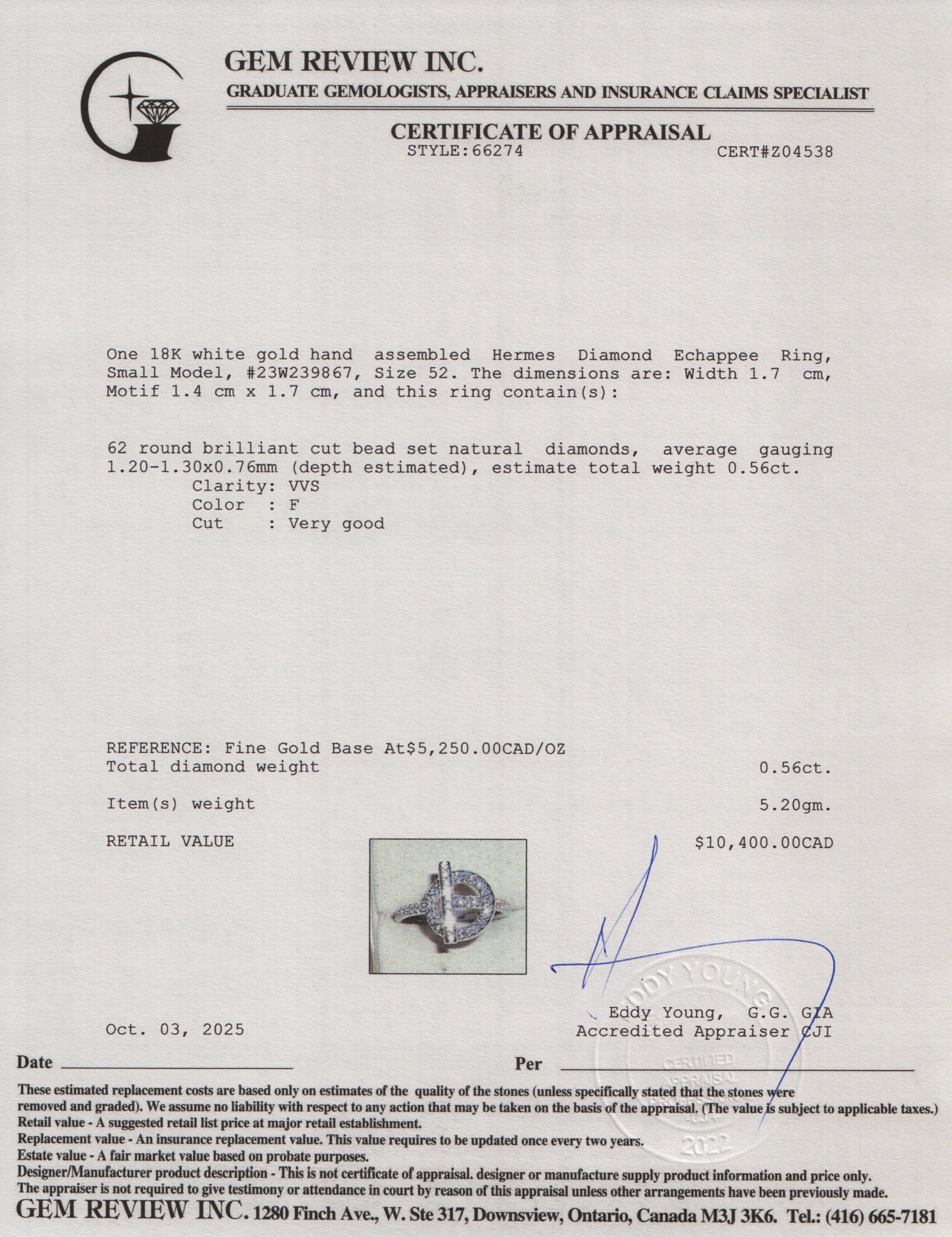 Hermes 18k White Gold Diamond Echappee Ring, Small Model, Size 52 6.0 w/ Box