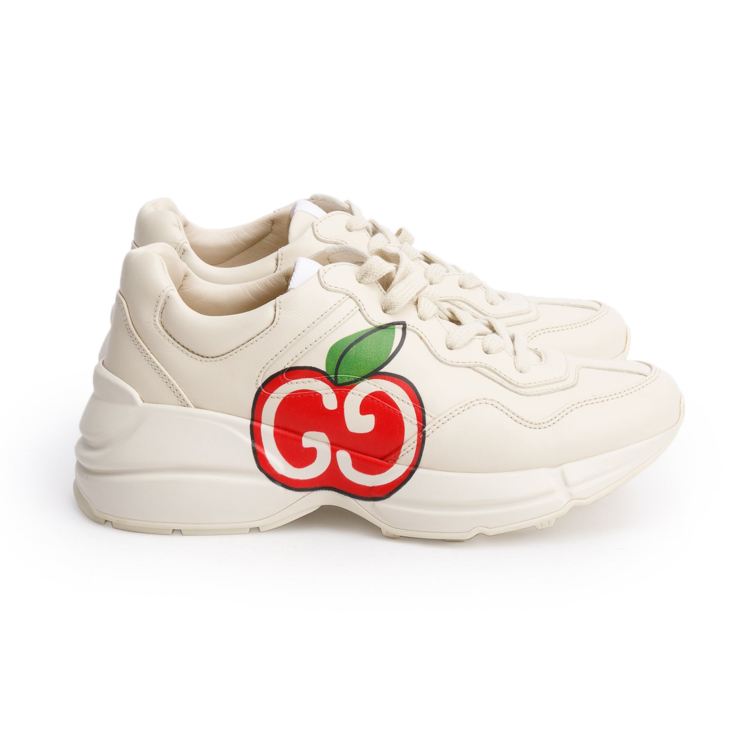 Gucci Beige Leather GG Apple Rhyton Sneakers, Size 37.5 w/ Box