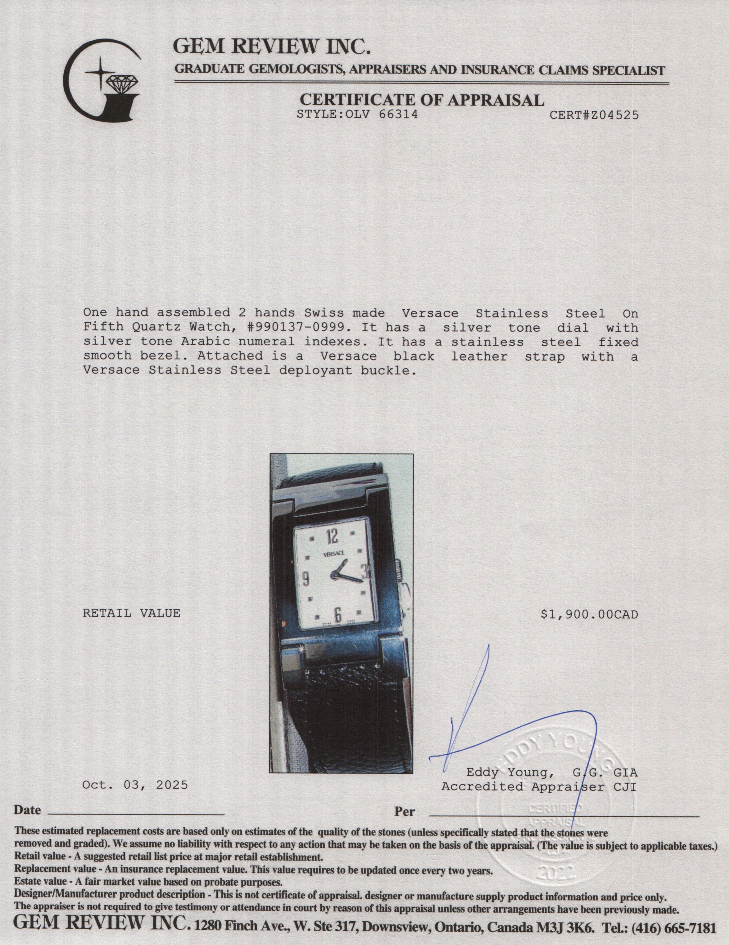 Versace Stainless Steel On Fifth Quartz Watch Silver Dial