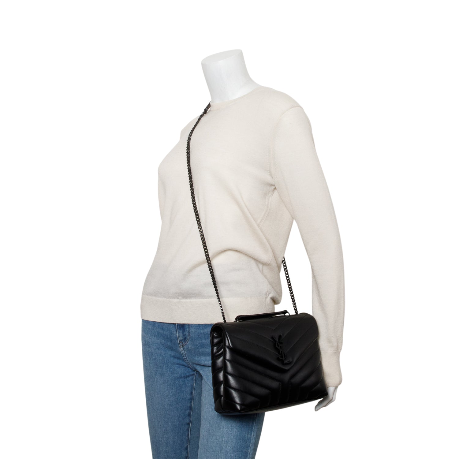Saint Laurent 2022 Black Y Chevron Leather Small LouLou Shoulder Bag w/ Box