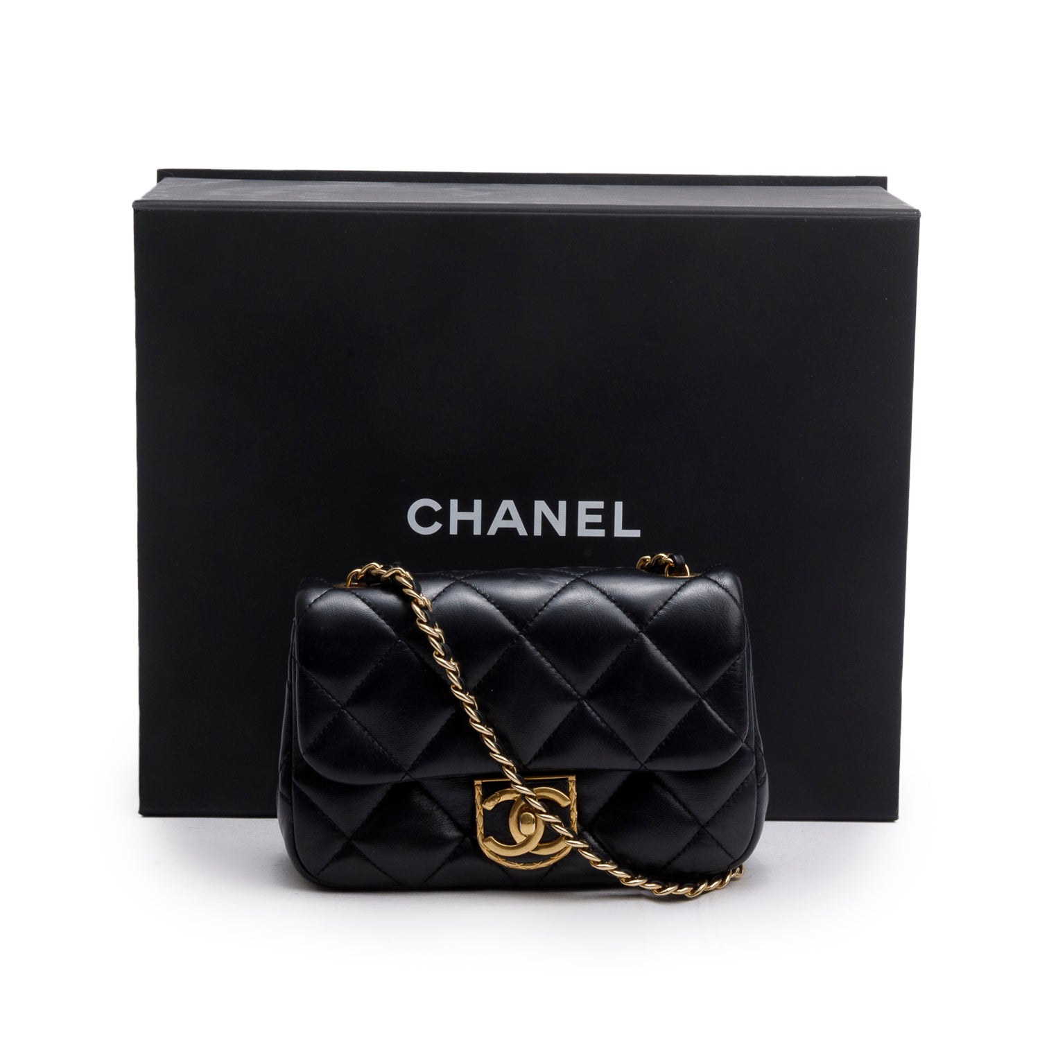 Chanel Black Quilted Calfskin Leather Mini CC Matelasse Flap Bag w/ Box