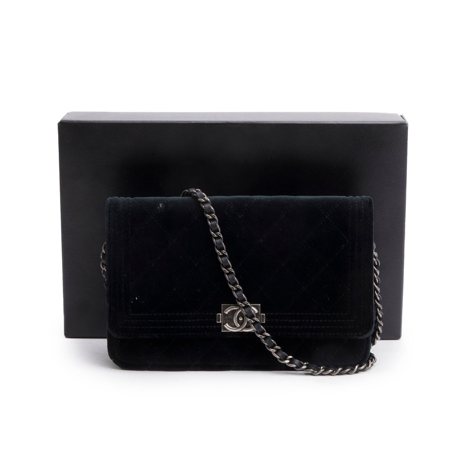 Chanel Black Quilted Velvet Boy Wallet on Chain w/ Box & Authenticity Card