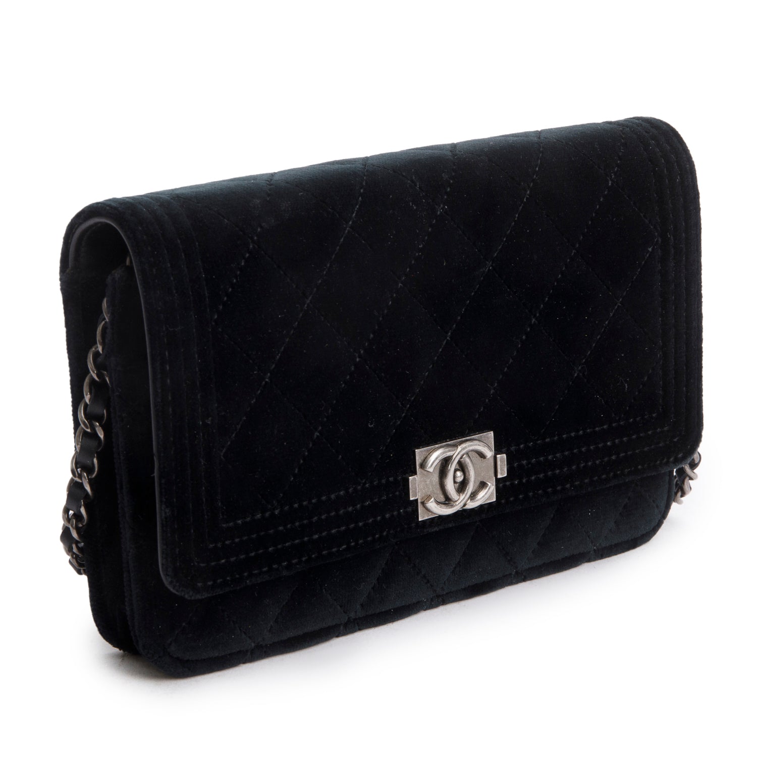 Chanel Black Quilted Velvet Boy Wallet on Chain w/ Box & Authenticity Card