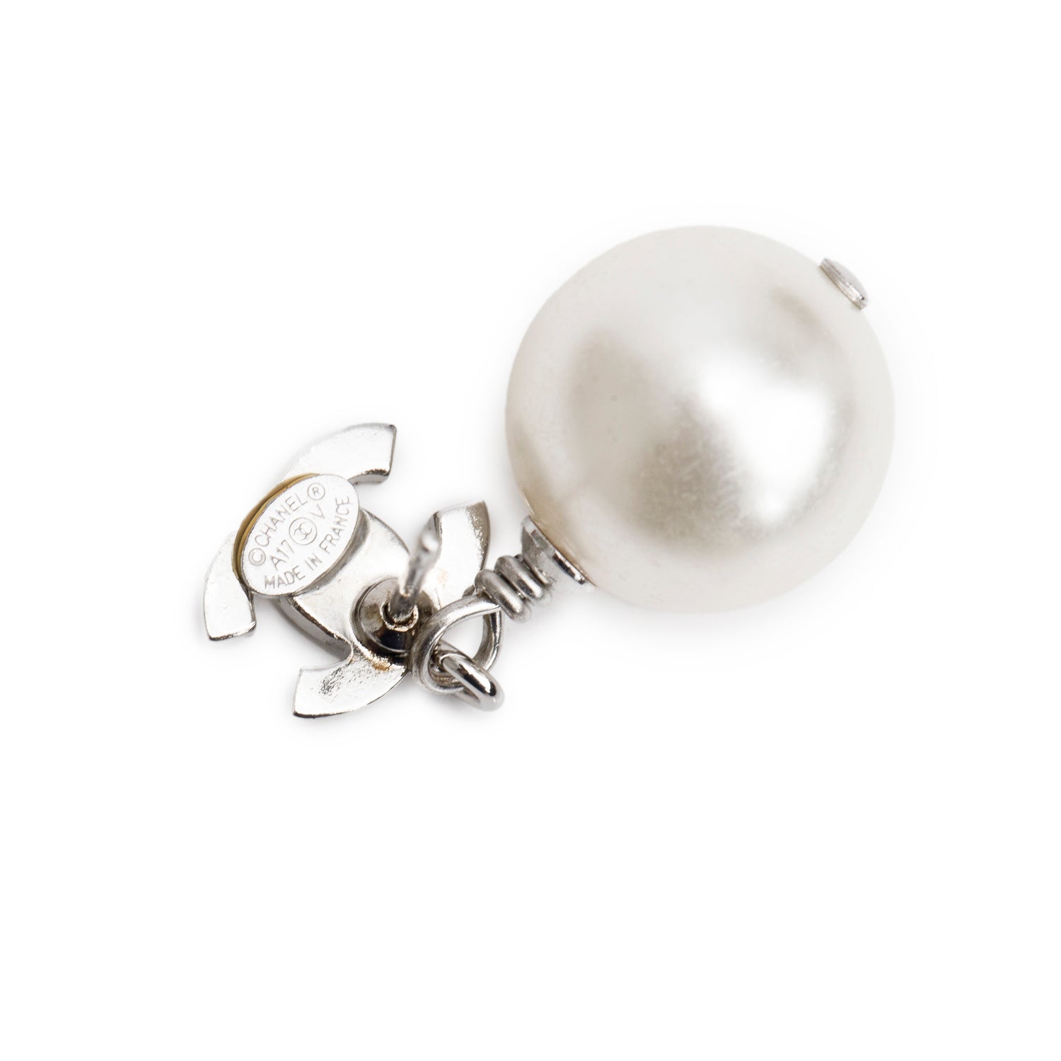 Chanel Palladium Plated Faux Pearl & Strass CC Drop Earrings
