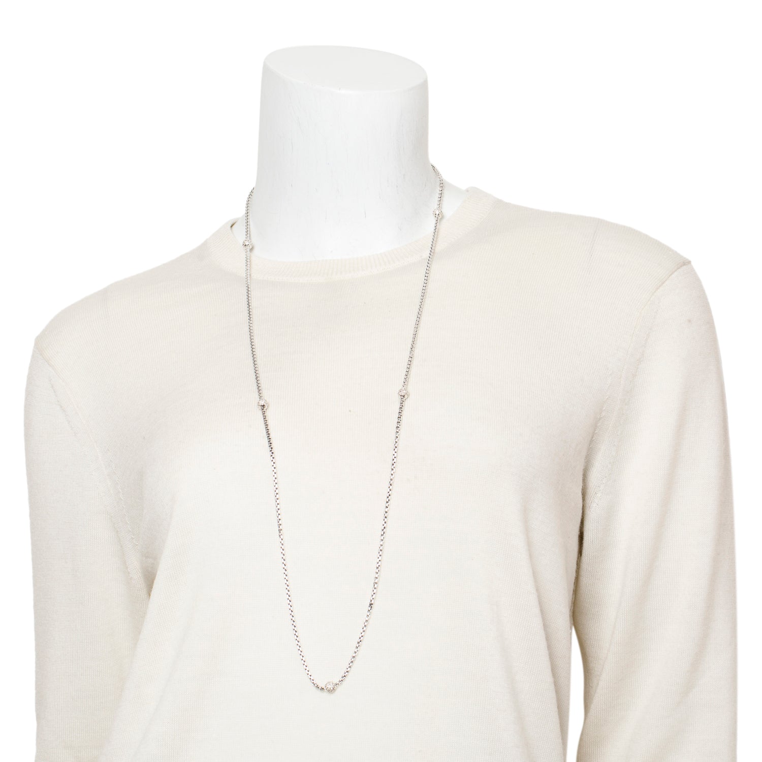 David Yurman Sterling Silver 5 Diamond Ball Station Long Box Chain Necklace