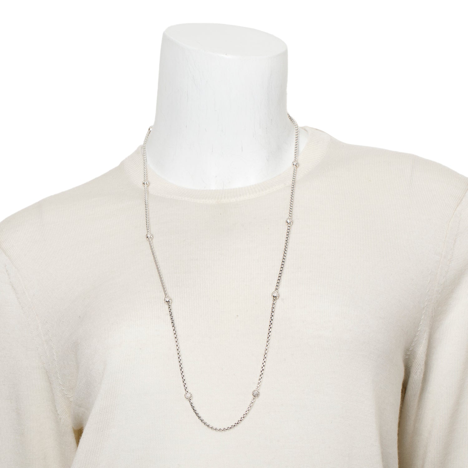 David Yurman Sterling Silver 10 Diamond Ball Station Long Box Chain Necklace