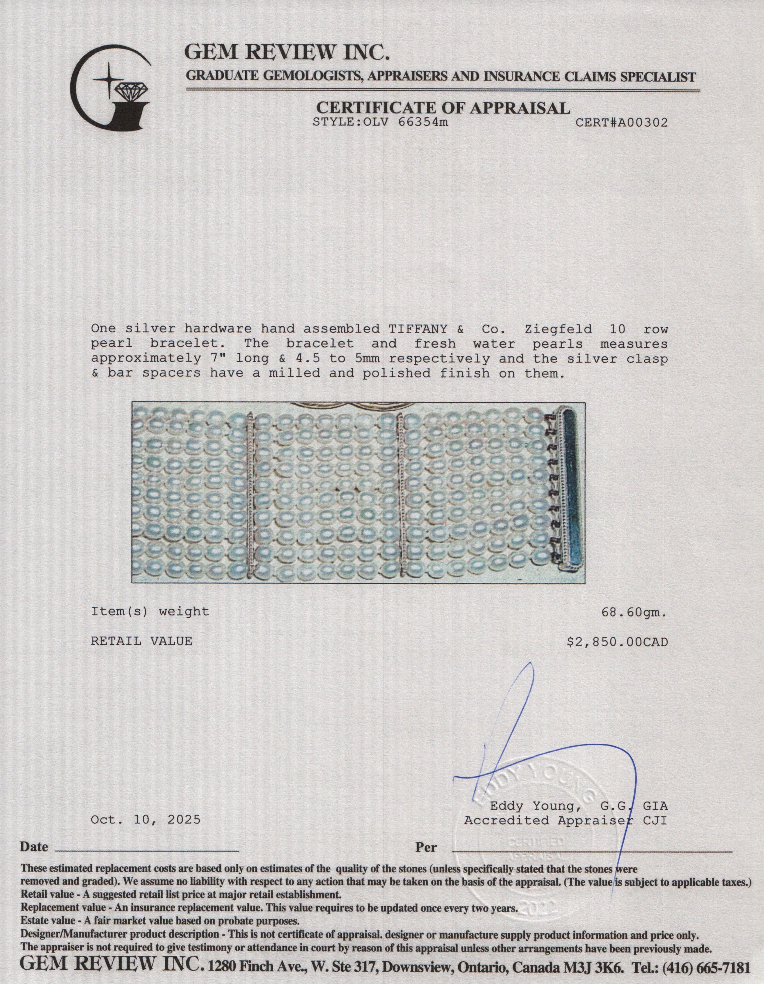 Tiffany & Co. Sterling Silver Ziegfeld 10 Row Cultured Freshwater Pearl Bracelet w/ Box