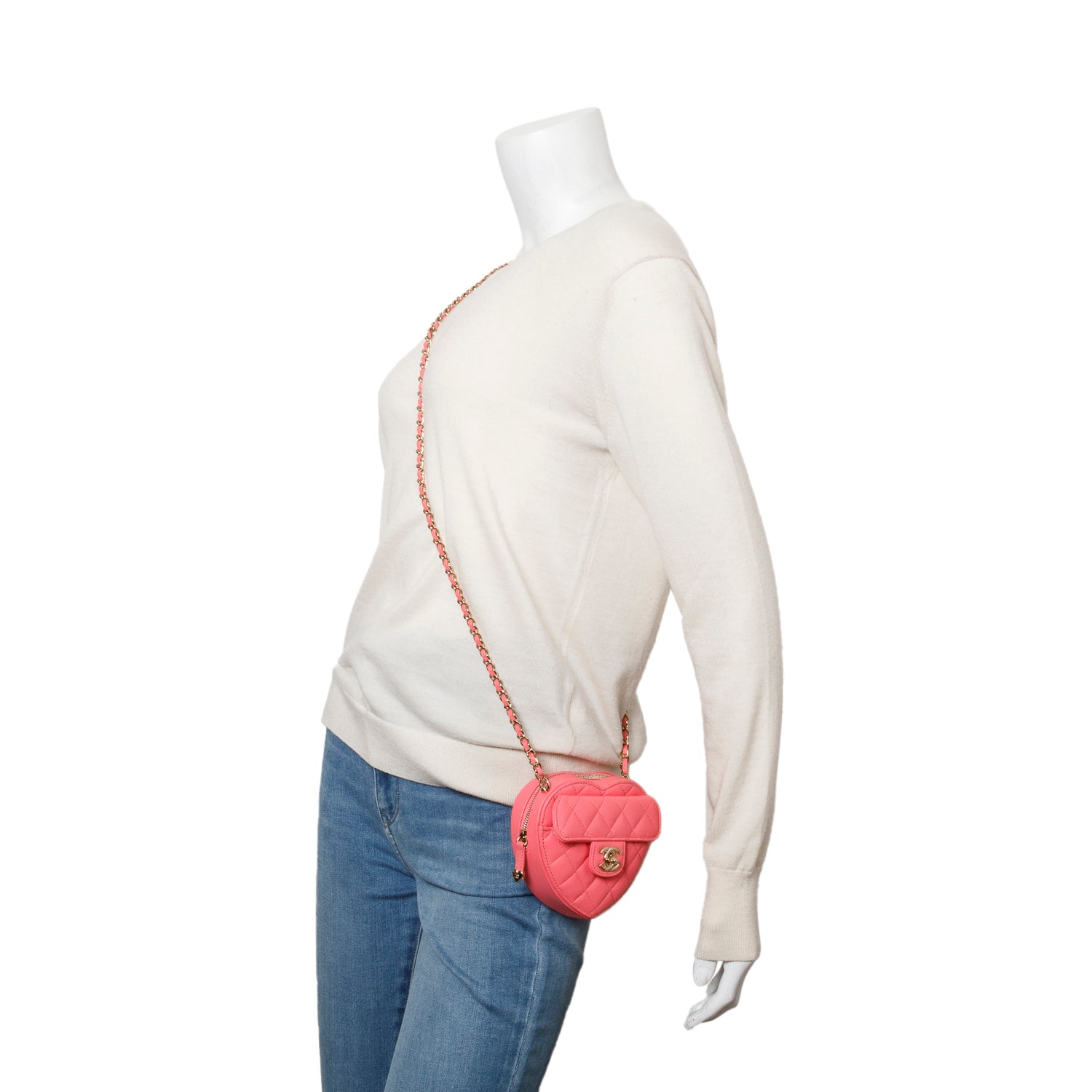 Chanel 2021 Pink Lambskin Leather Mini CC In Love Heart Bag w/ Authenticity Card