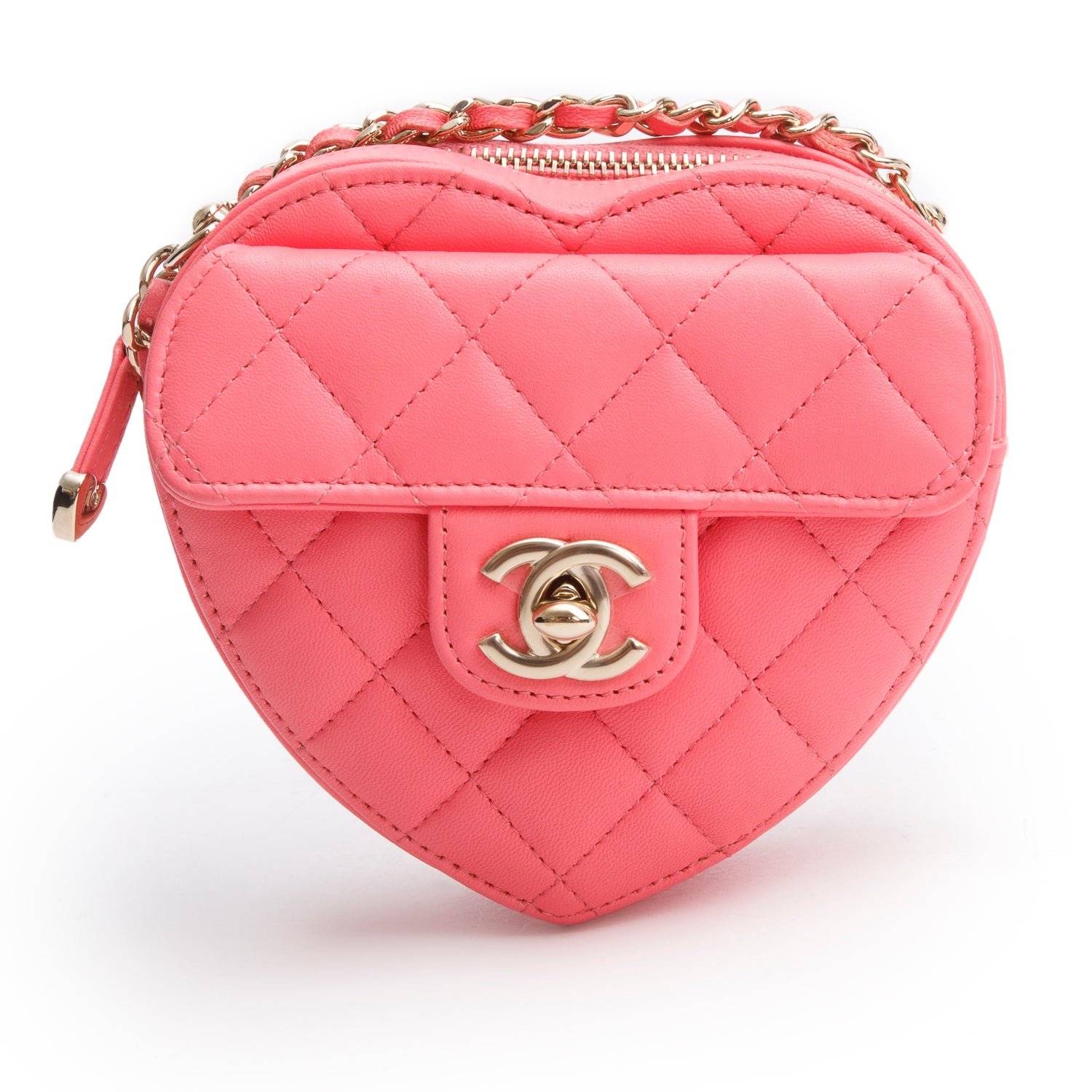 Chanel 2021 Pink Lambskin Leather Mini CC In Love Heart Bag w/ Authenticity Card