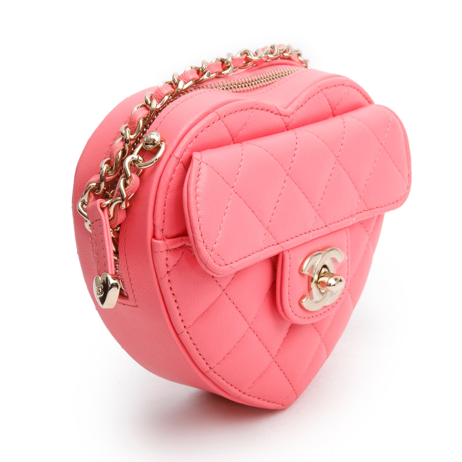 Chanel 2021 Pink Lambskin Leather Mini CC In Love Heart Bag w/ Authenticity Card