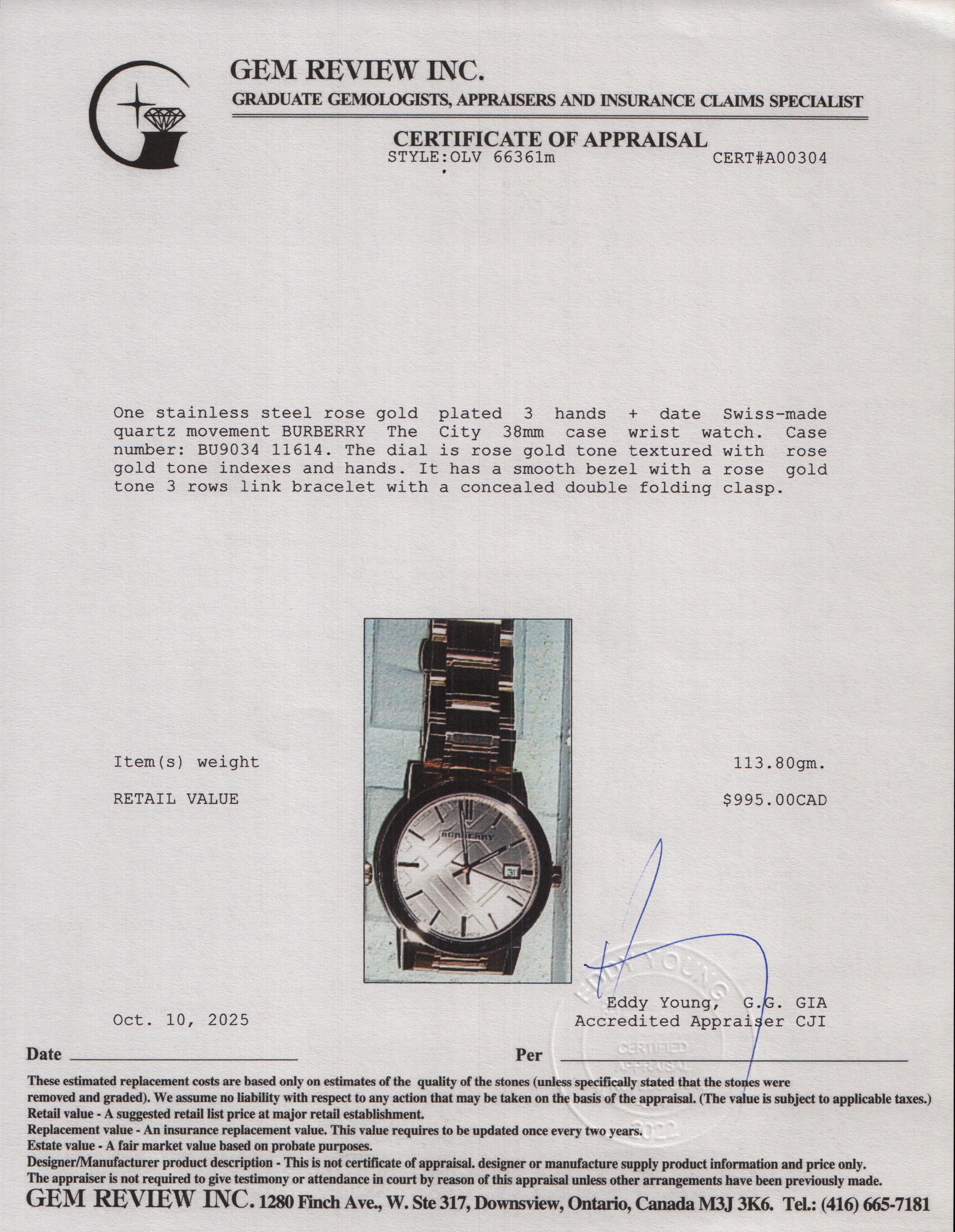 Burberry Rose Gold Plated Stainless Steel BU9034 The City 38 MM Quartz Watch w/ Box