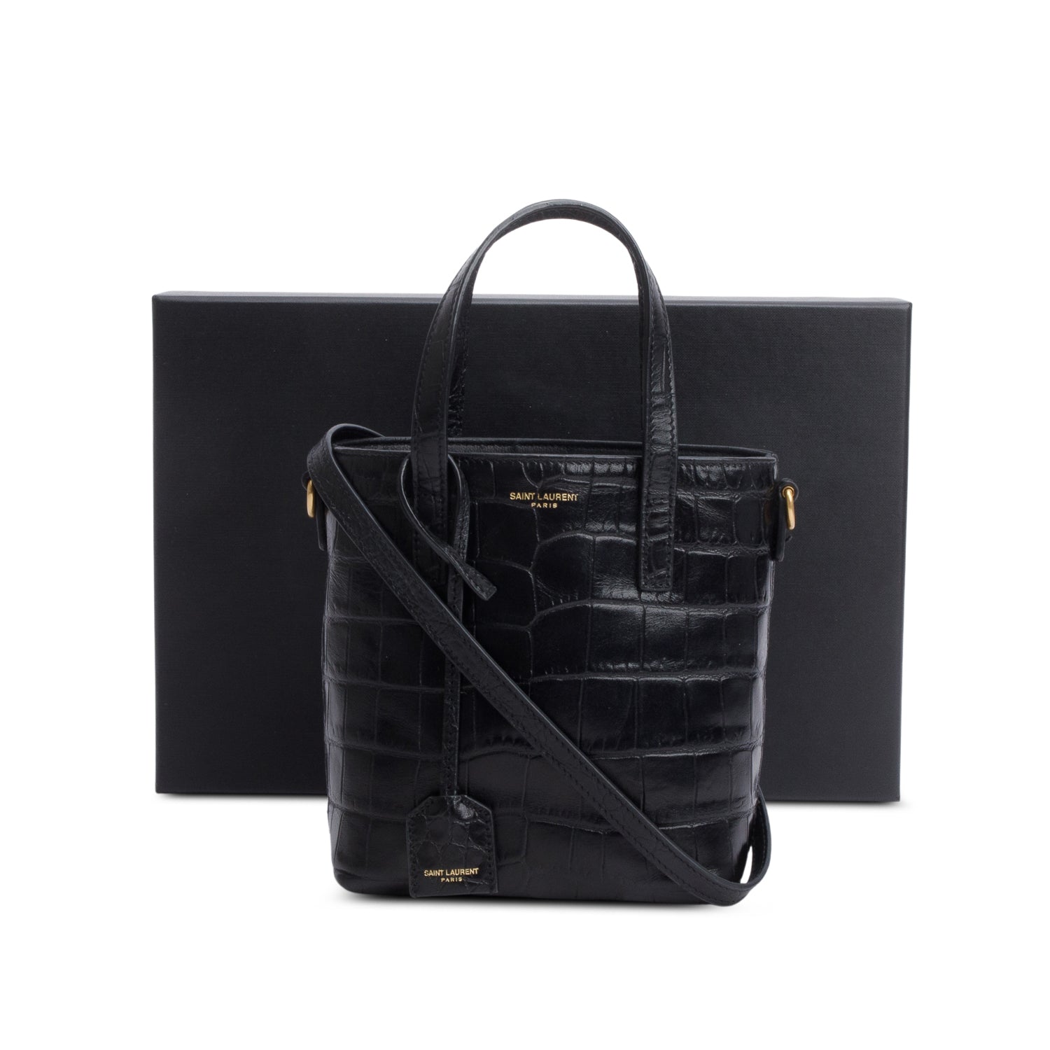 Saint Laurent 2023 Black Croc Embossed Calfskin Mini Toy Shopper Tote w/ Box, Strap & Receipt