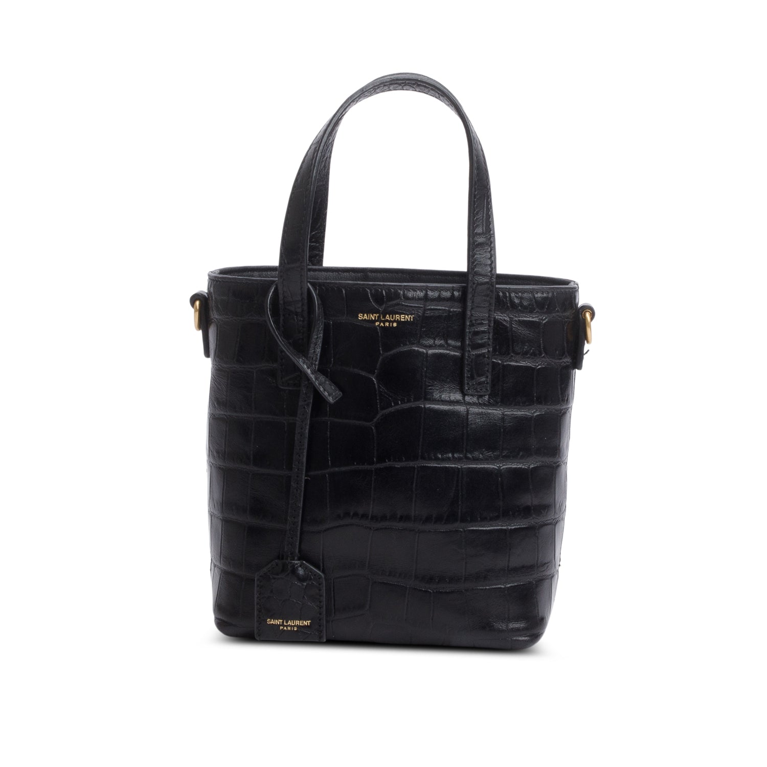 Saint Laurent 2023 Black Croc Embossed Calfskin Mini Toy Shopper Tote w/ Box, Strap & Receipt
