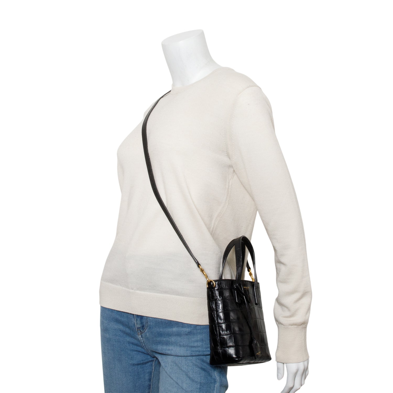 Saint Laurent 2023 Black Croc Embossed Calfskin Mini Toy Shopper Tote w/ Box, Strap & Receipt