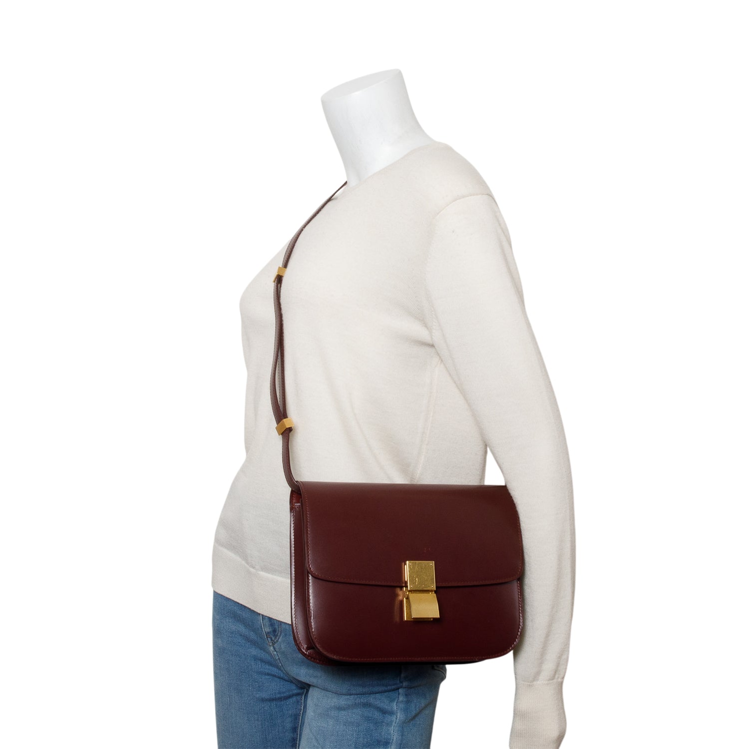 Celine Burgundy Calfskin Medium Classic Box Flap Bag w/ Strap