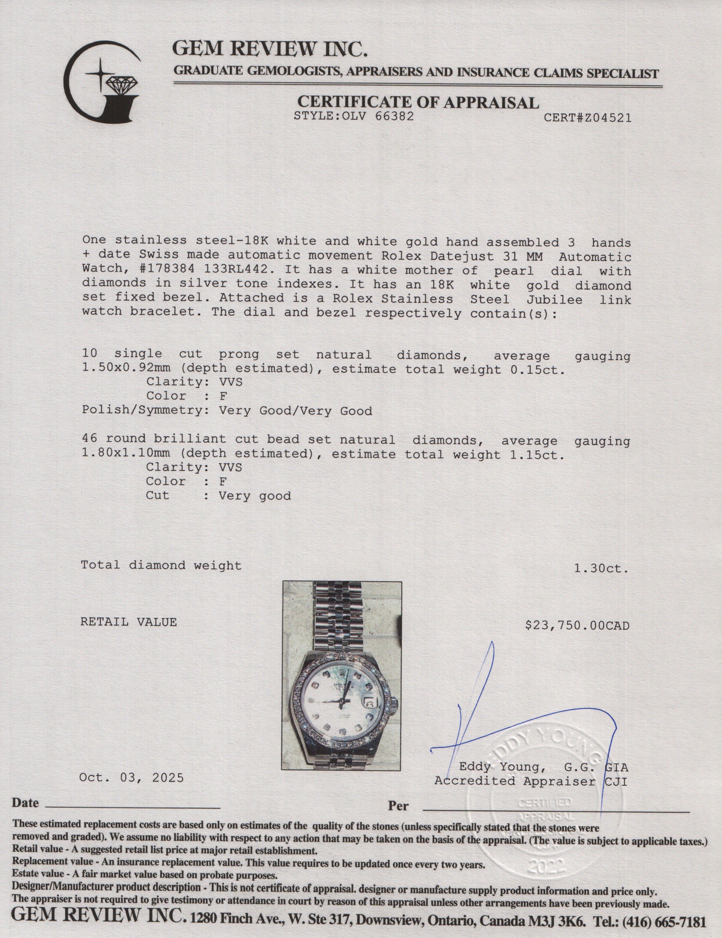 Rolex 2020 Stainless Steel Diamond Bezel Datejust 31 MM Automatic Watch Mother of Pearl Diamond Dial 178384 w/ Papers