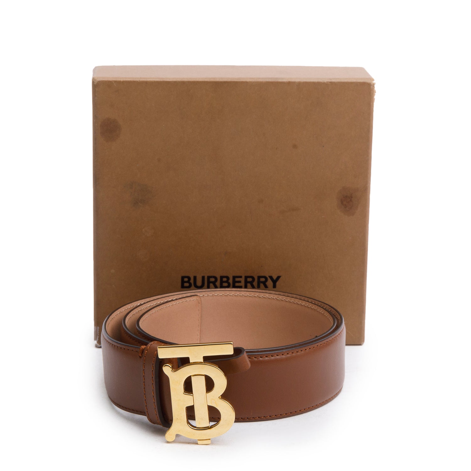 Burberry Brown Leather TB Buckle Belt w/ Box