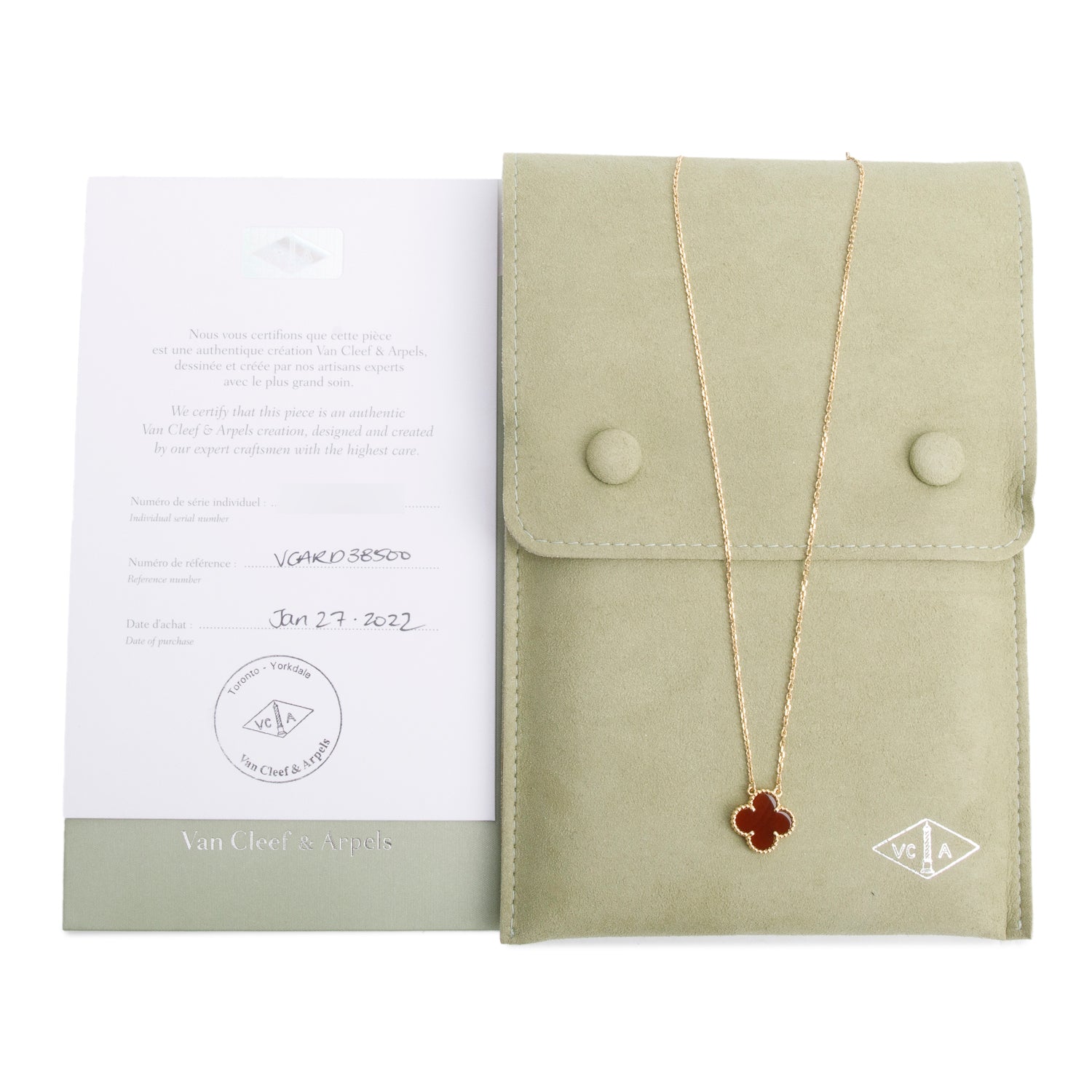 Van Cleef & Arpels 2022 18k Yellow Gold Vintage Alhambra Carnelian Pendant Necklace w/ Receipt & Certificate
