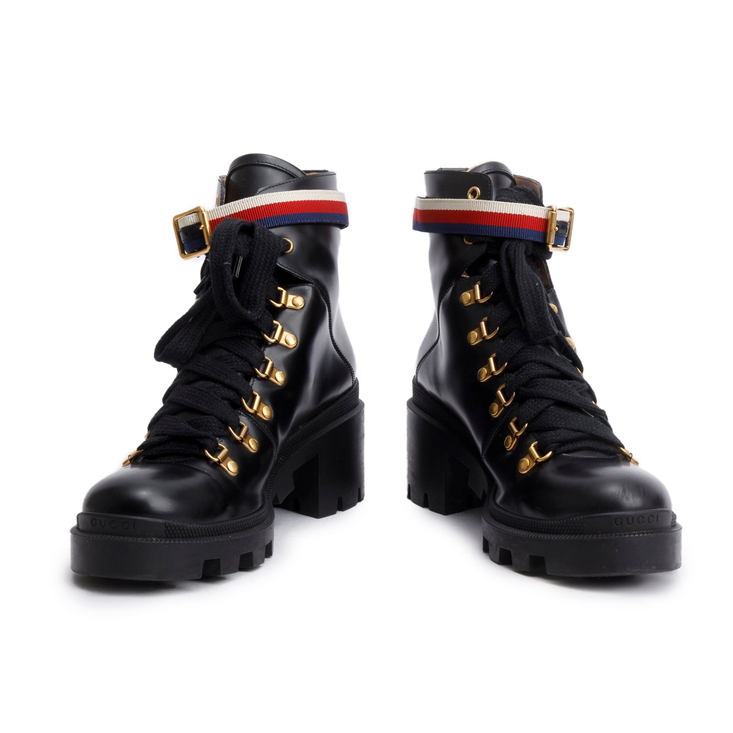Gucci Black Calfskin Leather Web Slyvie Lace Up Combat Boots, Size 40 w/ Box