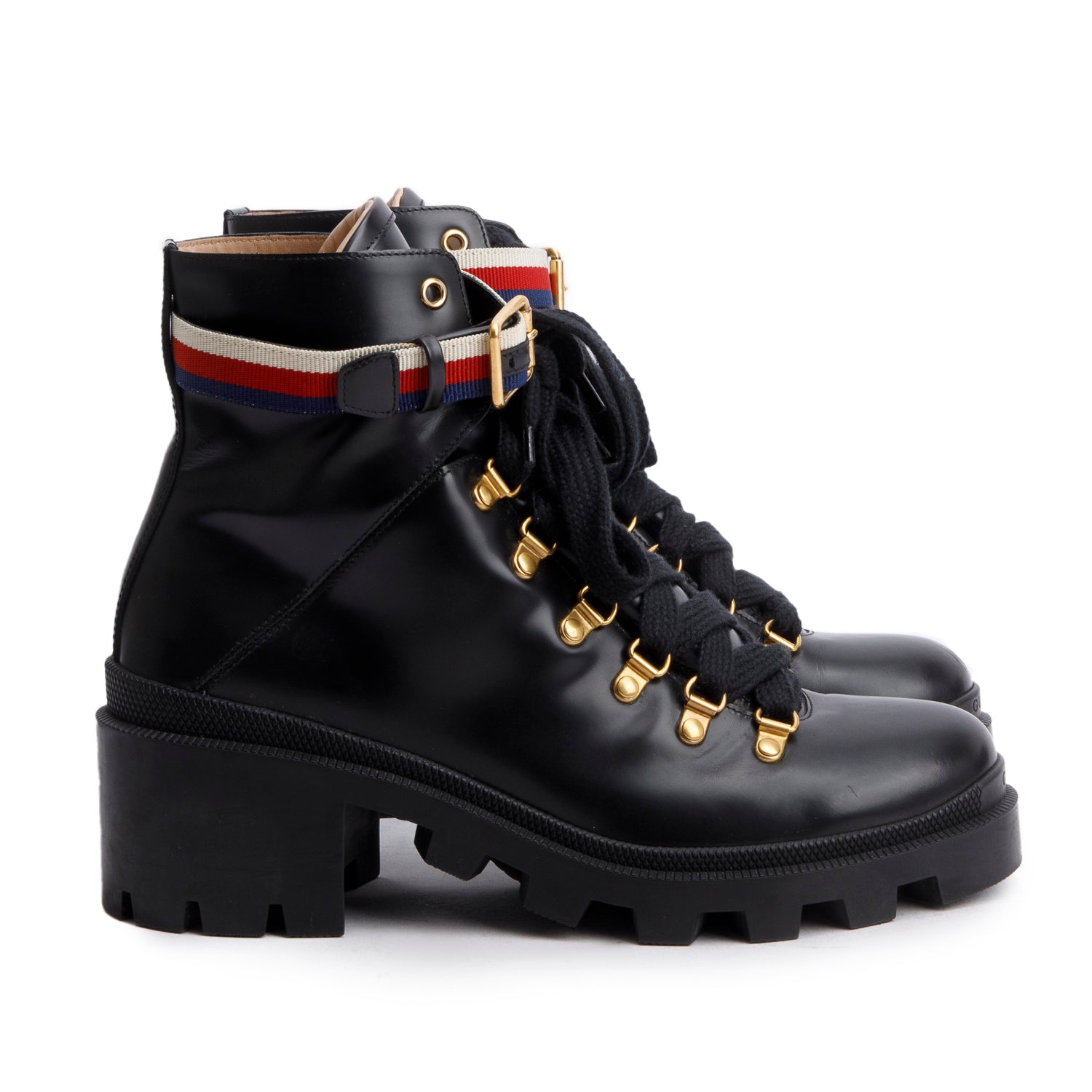 Gucci Black Calfskin Leather Web Slyvie Lace Up Combat Boots, Size 40 w/ Box