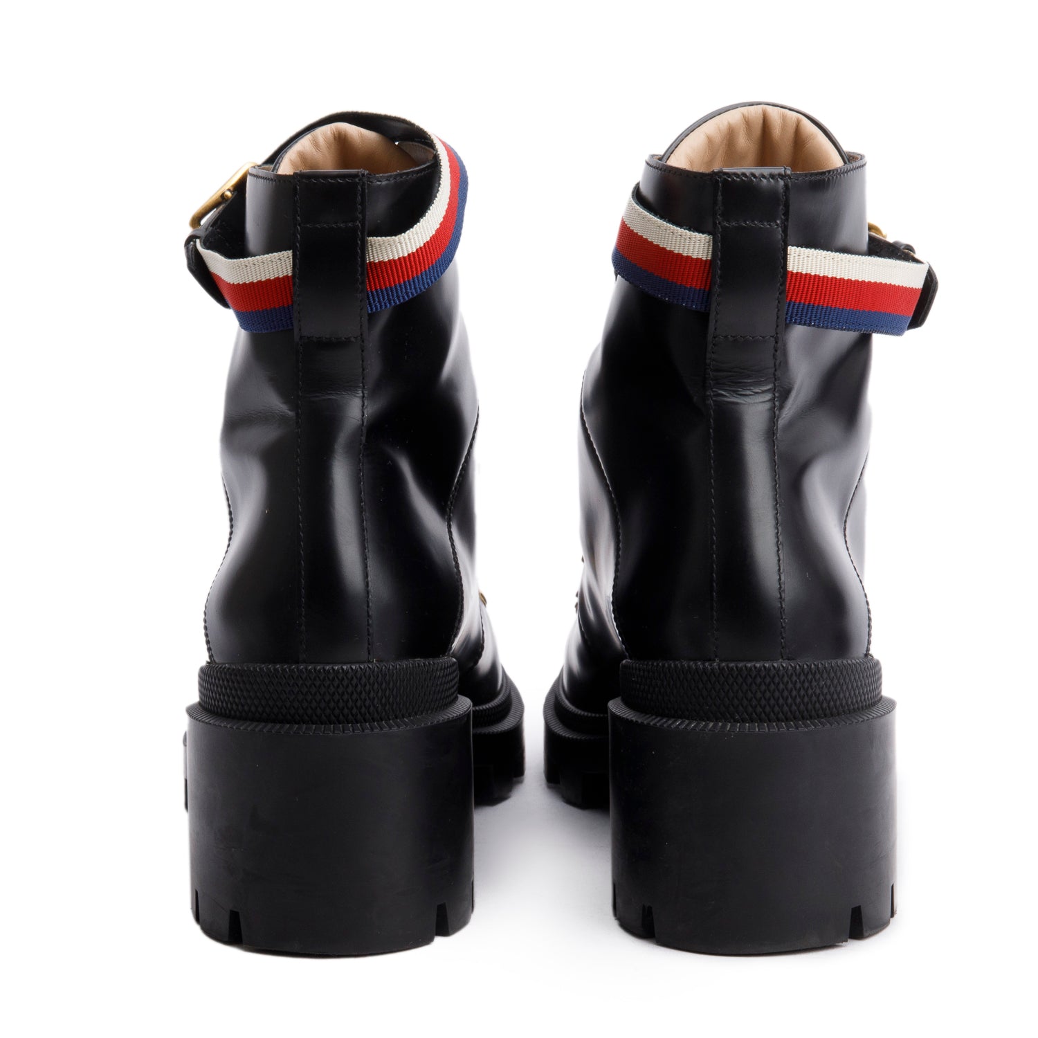 Gucci Black Calfskin Leather Web Slyvie Lace Up Combat Boots, Size 40 w/ Box