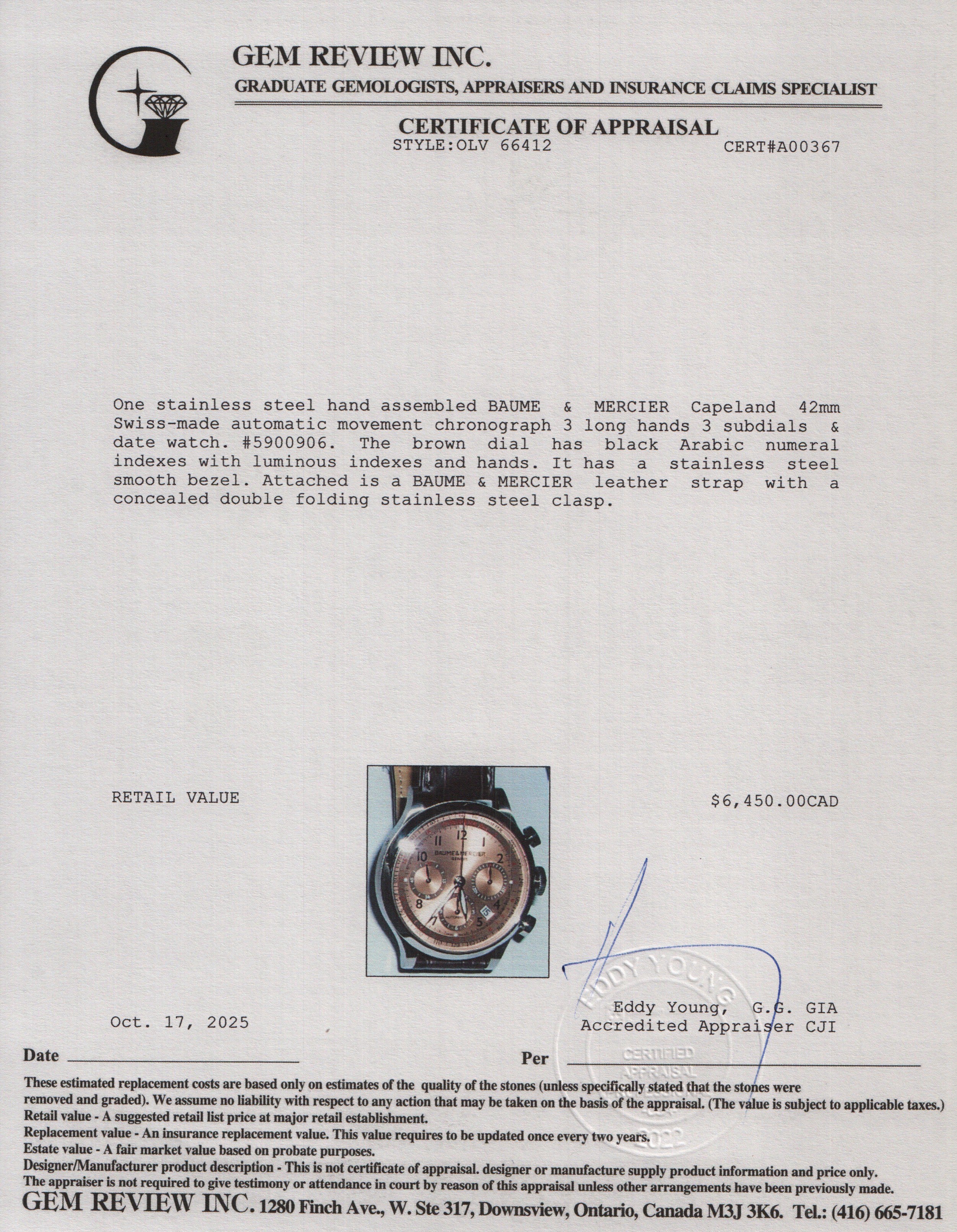 Baume & Mercier Stainless Steel Capeland 42 MM Automatic Chronograph Watch Brown Dial M0A10045w/ Box