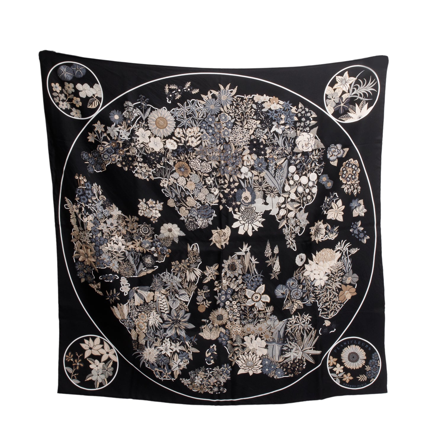 Hermes Navy 'Planifeurs' Silk Scarf 90 w/ Box