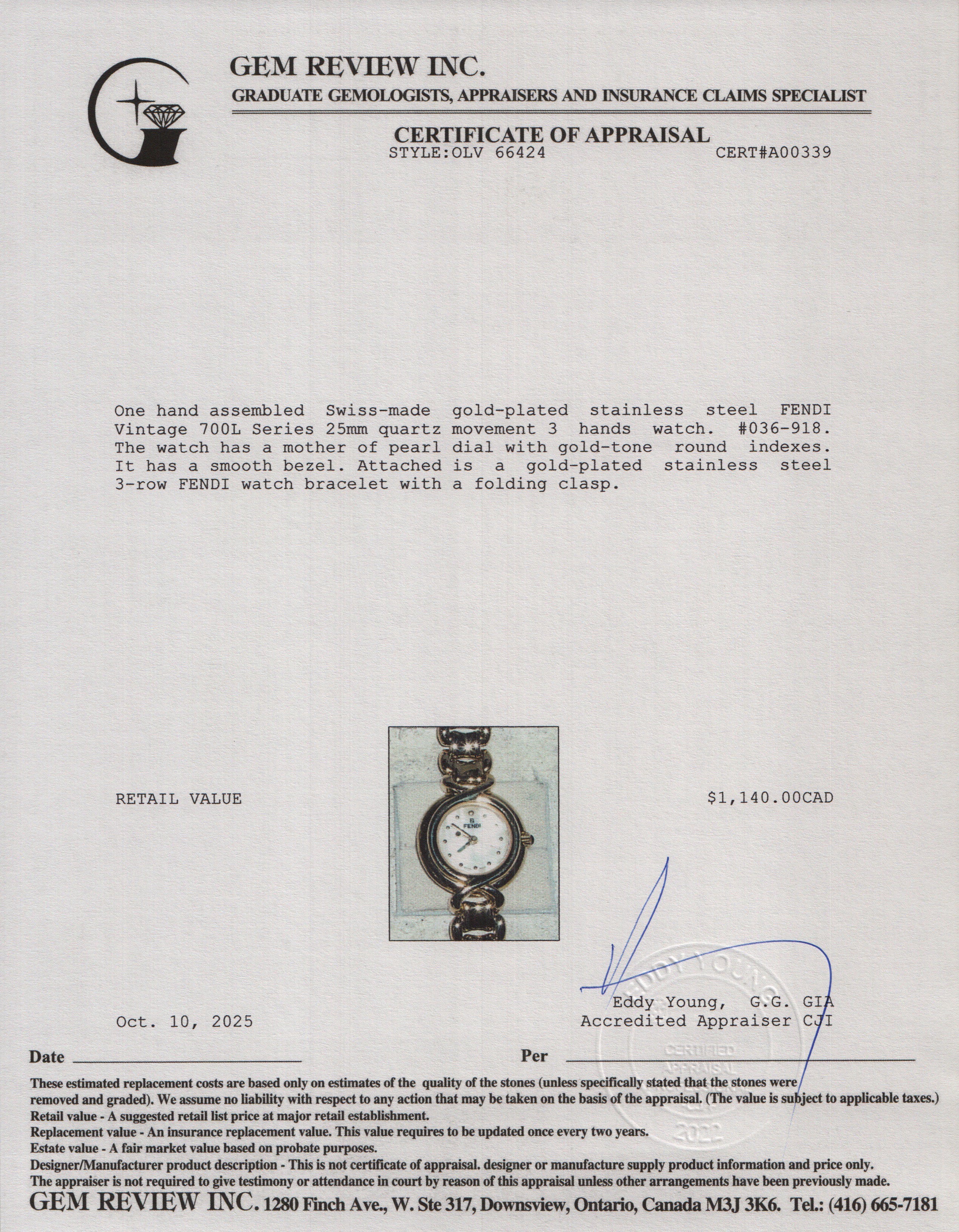 Fendi Vintage Gold-Plated Stainless Steel 700L Series 25 MM Quartz Watch Mother of Pearl Dial