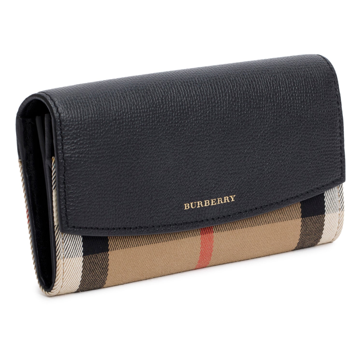 Burberry Check Canvas Black Leather Trim Porter Continental Flap Wallet