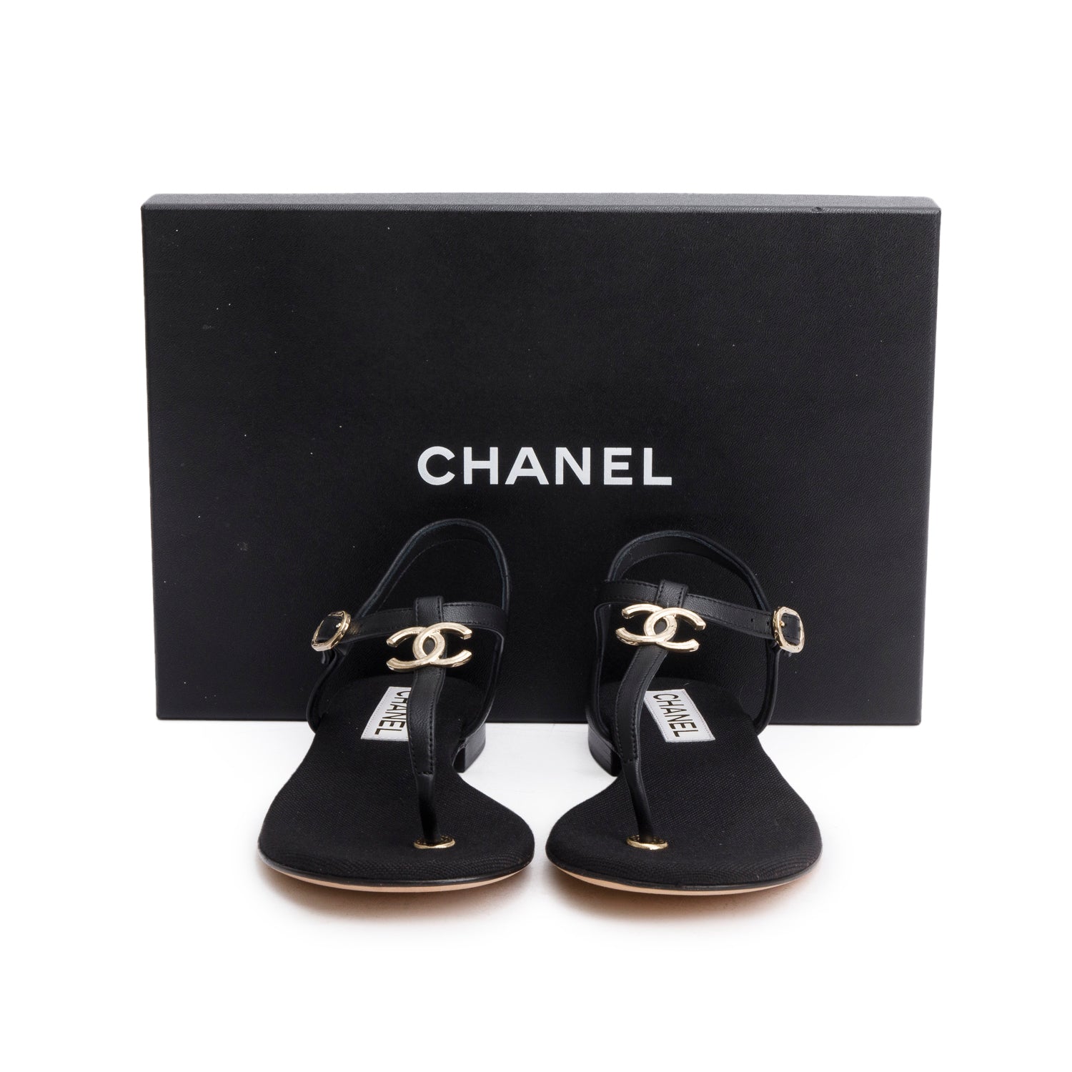 Chanel 2023 Black Calfskin Leather CC T-Strap Sandals, Size 38 w/ Box & Receipt