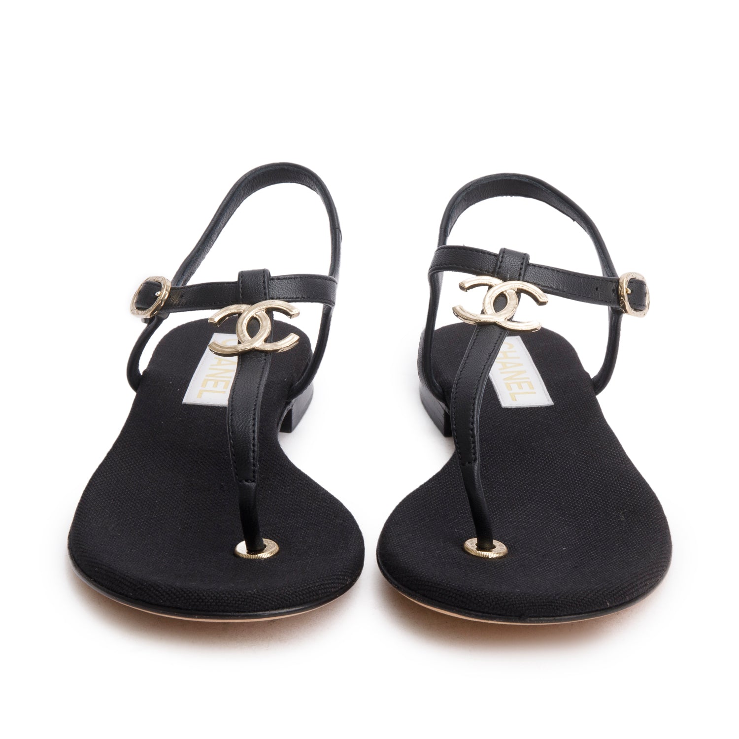 Chanel 2023 Black Calfskin Leather CC T-Strap Sandals, Size 38 w/ Box & Receipt