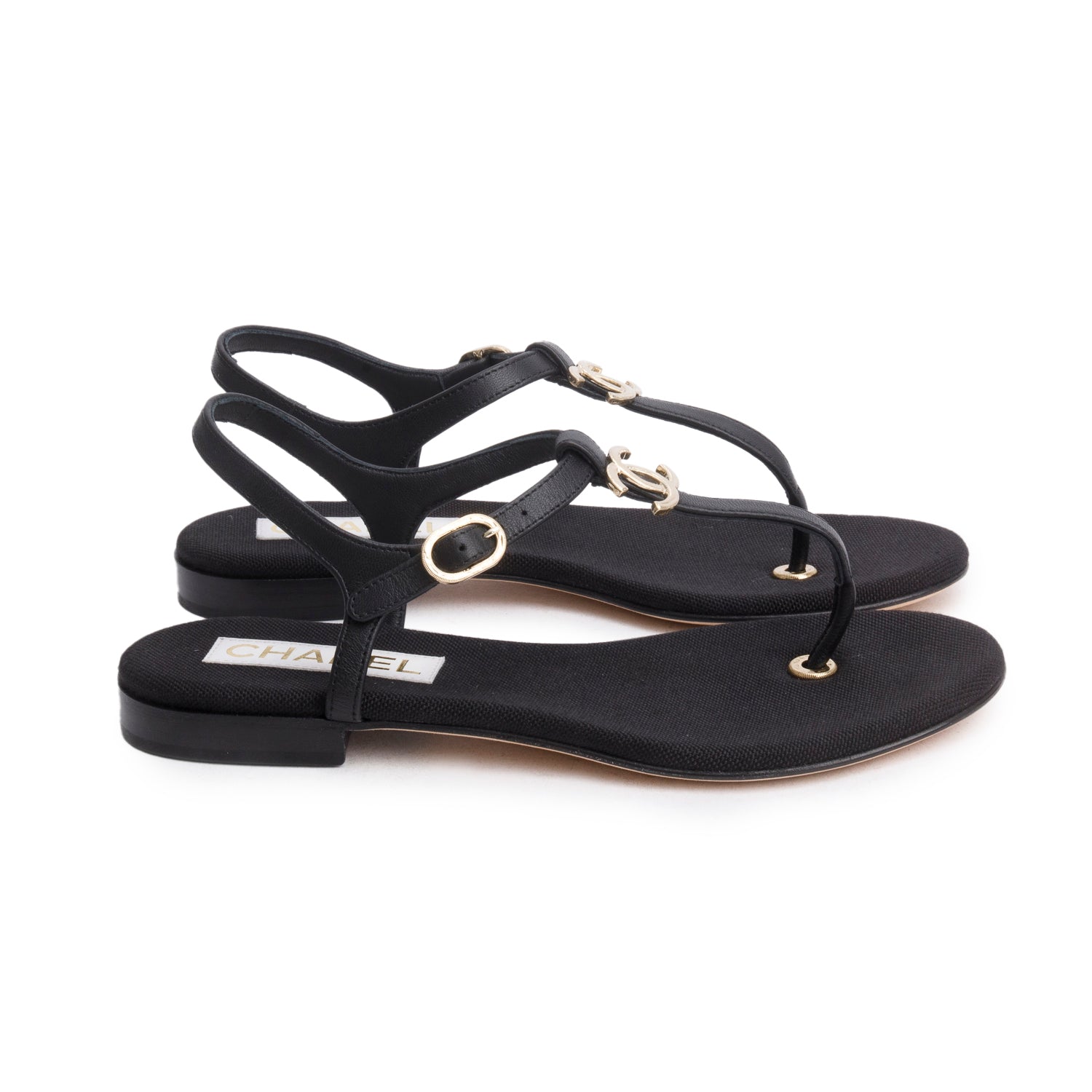 Chanel 2023 Black Calfskin Leather CC T-Strap Sandals, Size 38 w/ Box & Receipt