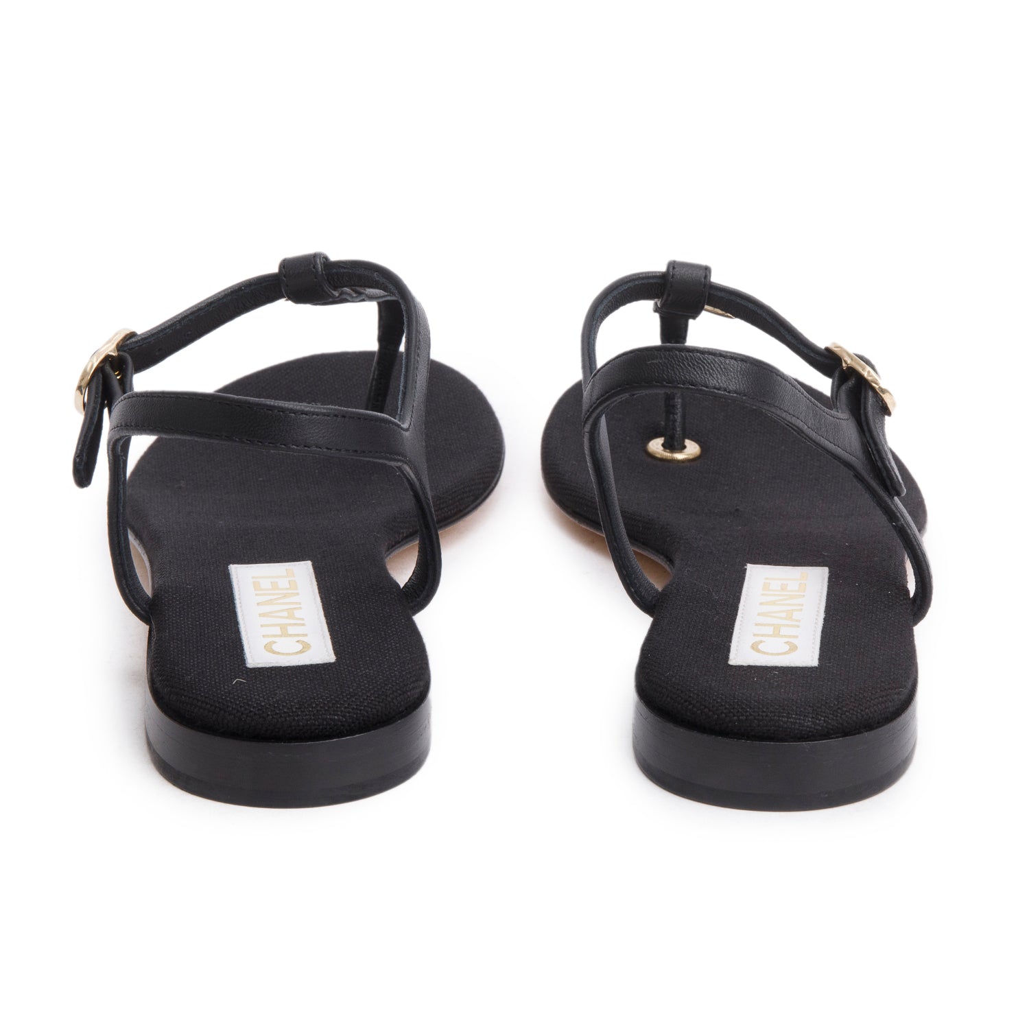 Chanel 2023 Black Calfskin Leather CC T-Strap Sandals, Size 38 w/ Box & Receipt