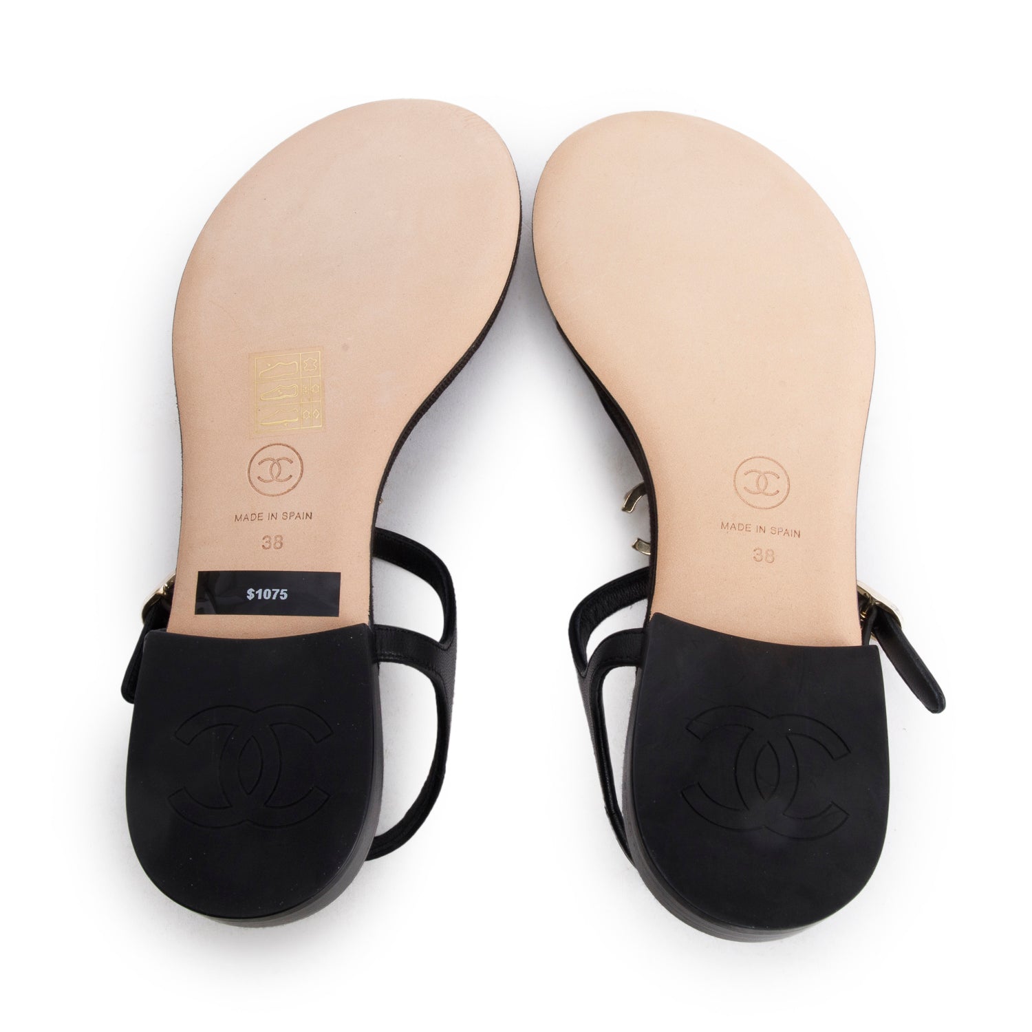 Chanel 2023 Black Calfskin Leather CC T-Strap Sandals, Size 38 w/ Box & Receipt