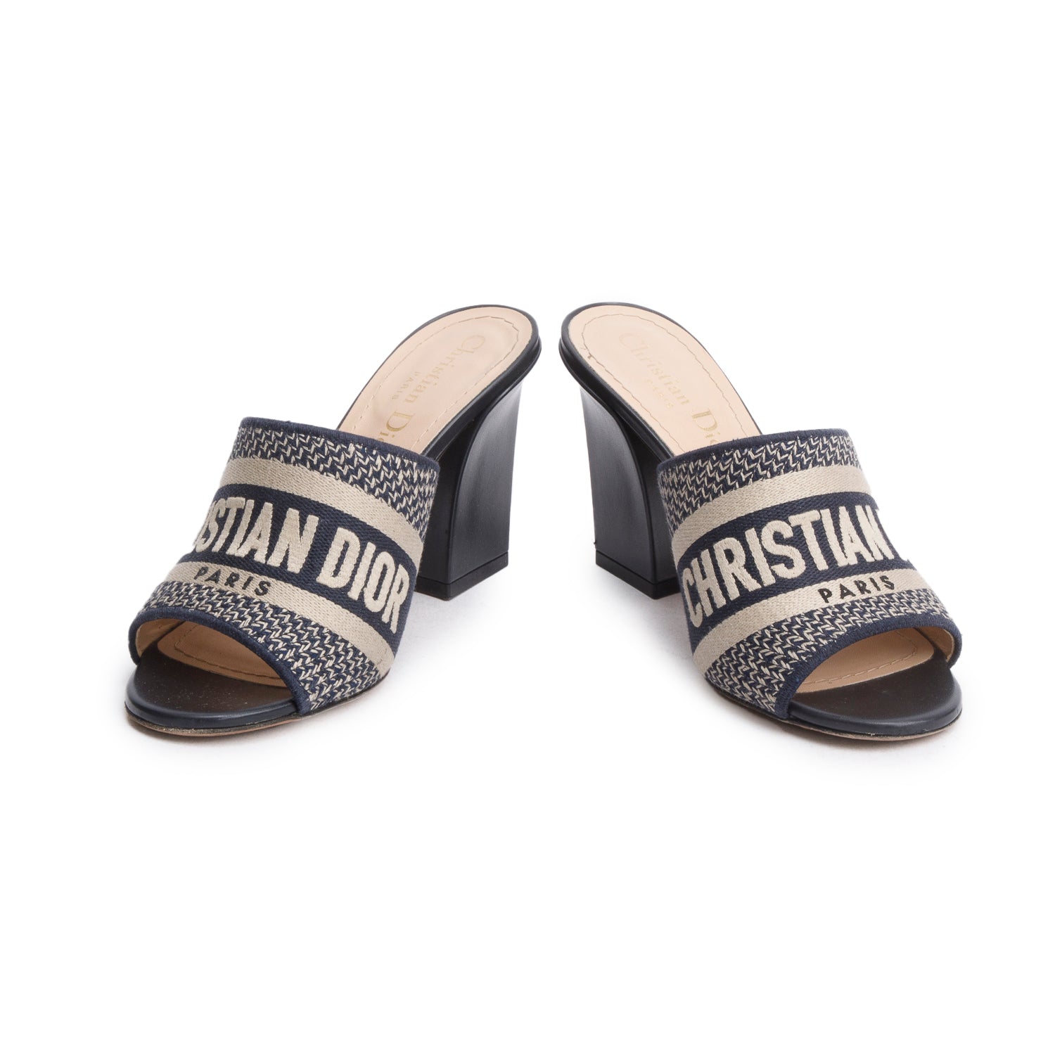Christian Dior Deep Blue Embroidered Cotton Heeled Dway Slide, Size 35 w/ Box & Authenticity Card
