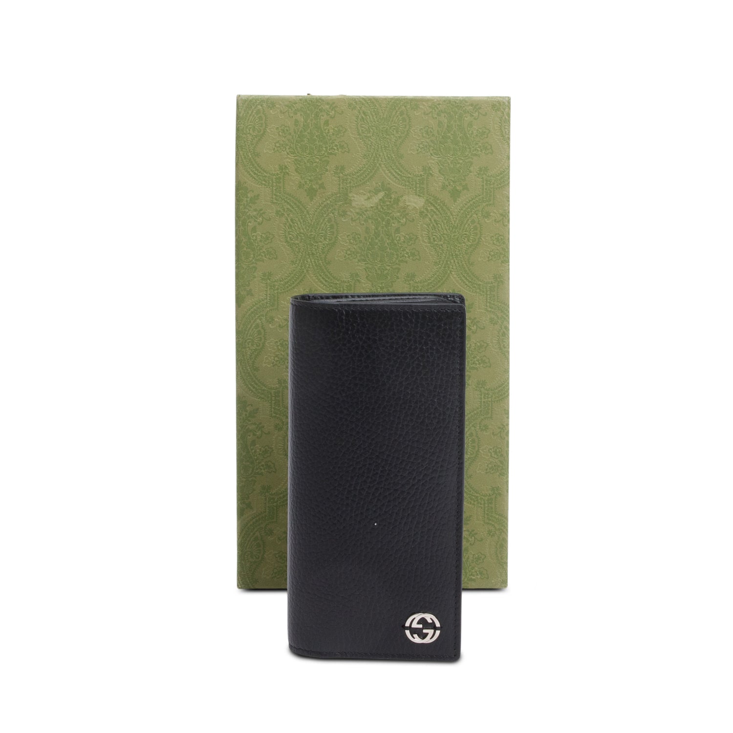 Gucci Black Grained Leather Interlocking GG Long Wallet W/ Box
