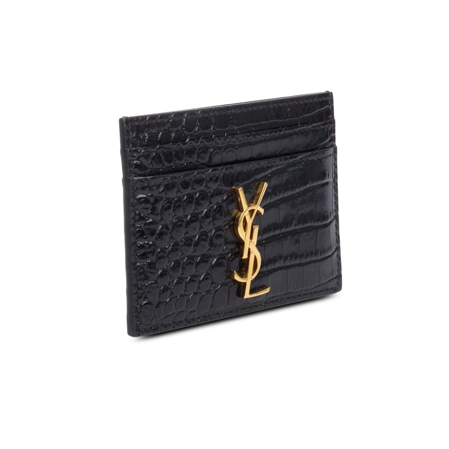 Saint Laurent Crocodile Embossed Leather Cassandre Card Holder w/ Box