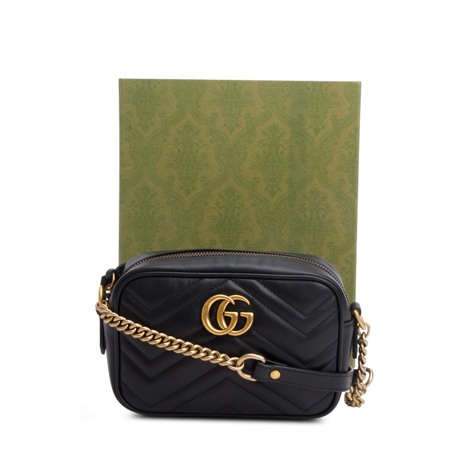 Gucci Black Calfskin Matelasse Mini GG Marmont Chain Shoulder Bag w/ Box